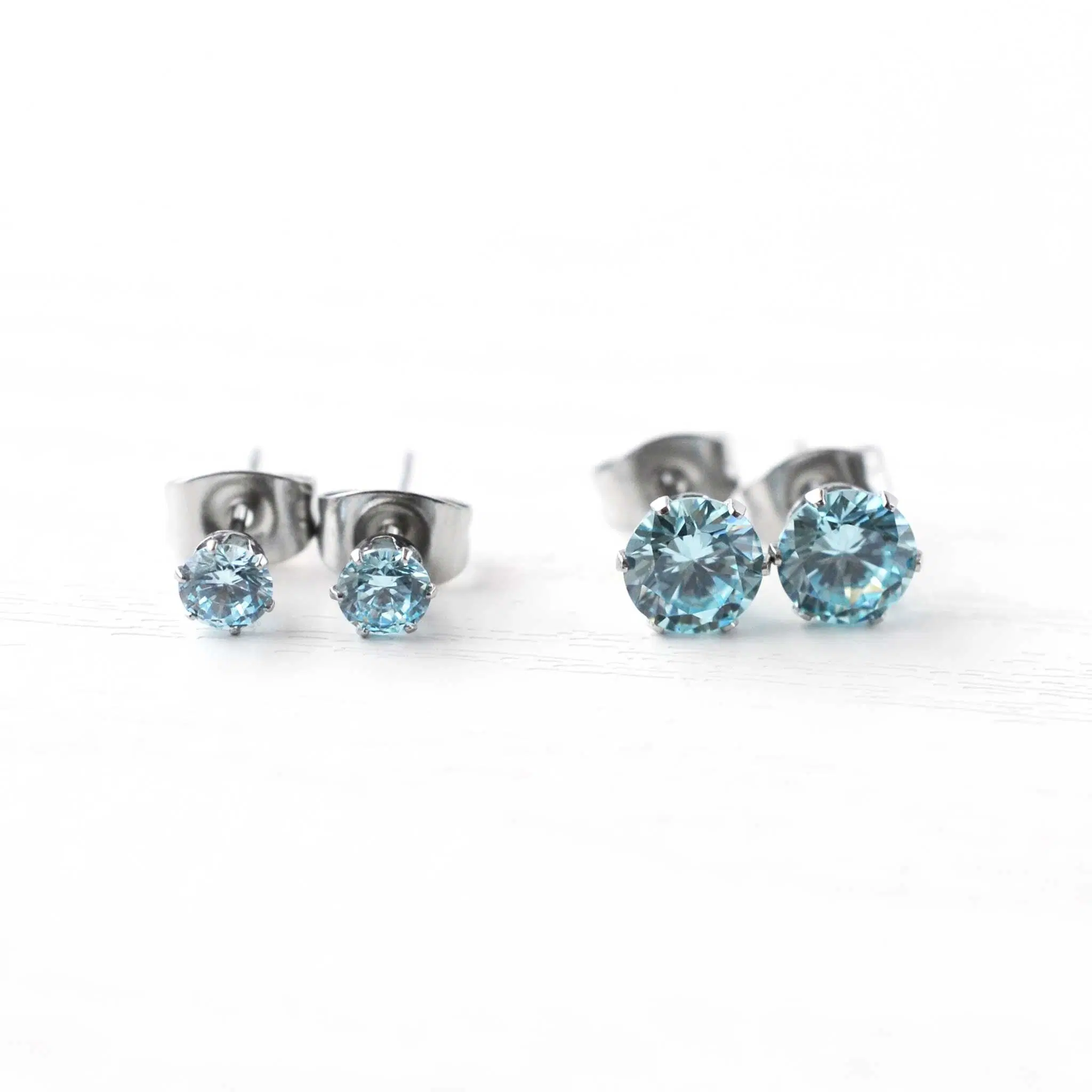 Aqua Blue Cubic Zirconia Stud Earrings, Hypoallergenic Surgical Steel Studs for Sensitive Ears