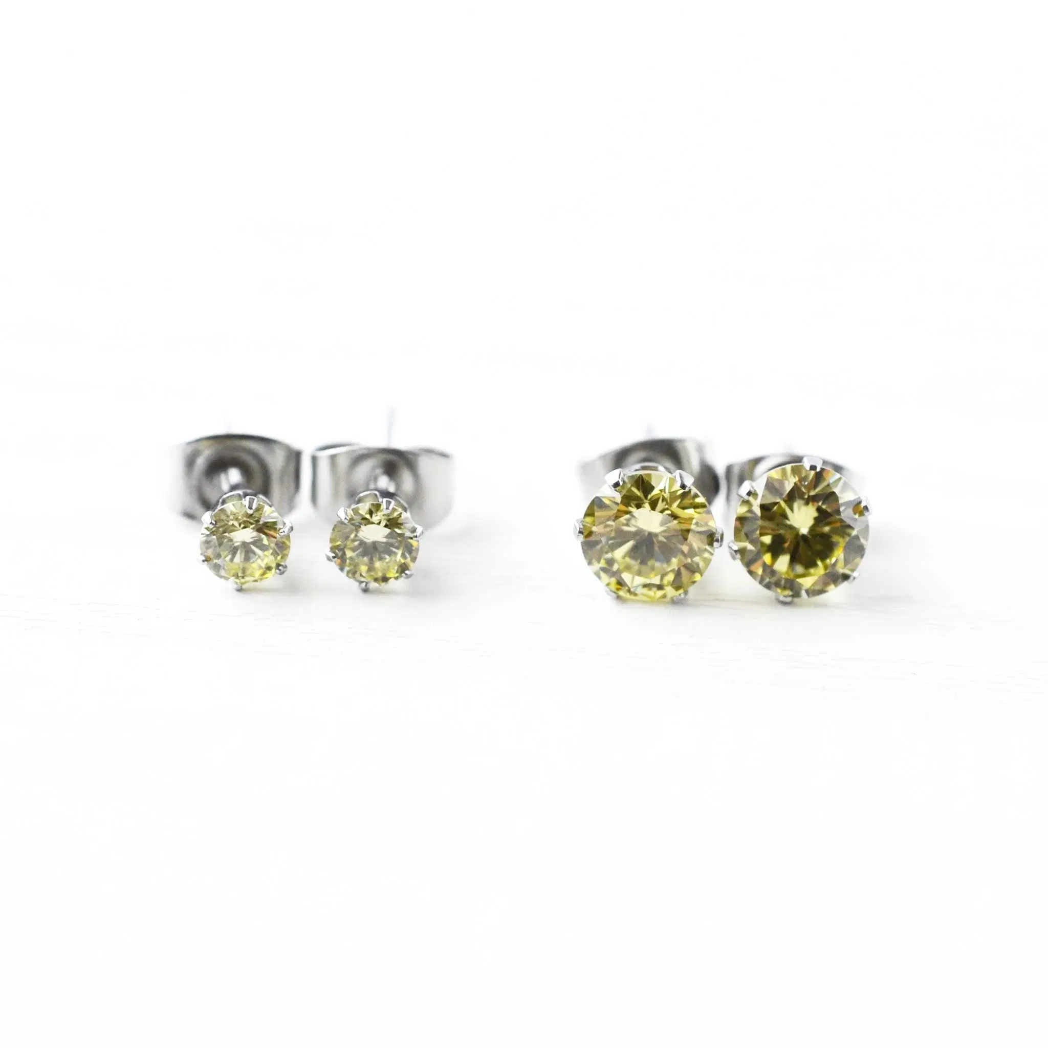 Green Cubic Zirconia Stud Earrings, Hypoaellergenic Surgical Steel Studs For Sensitive Ears