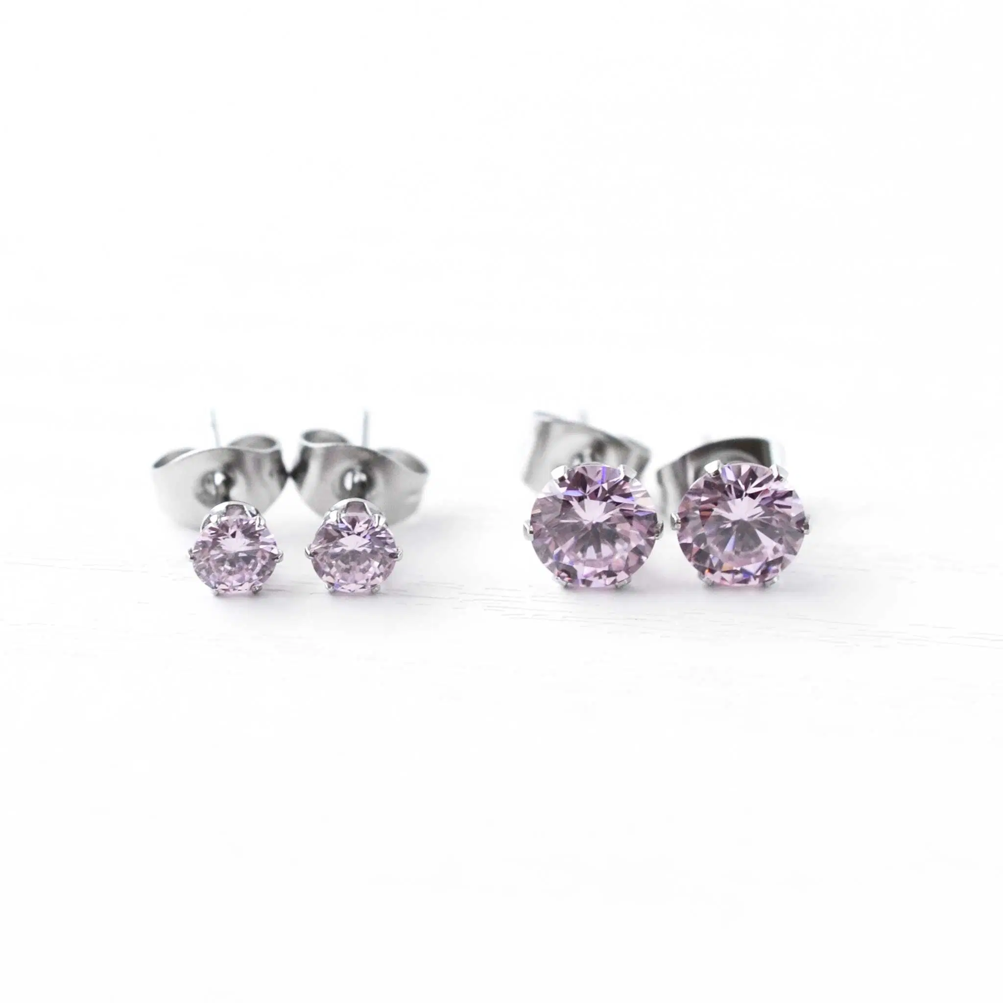 Pink Cubic Zirconia Stud Earrings, Hypoallergenic Surgical Steel Studs For Sensitive Ears