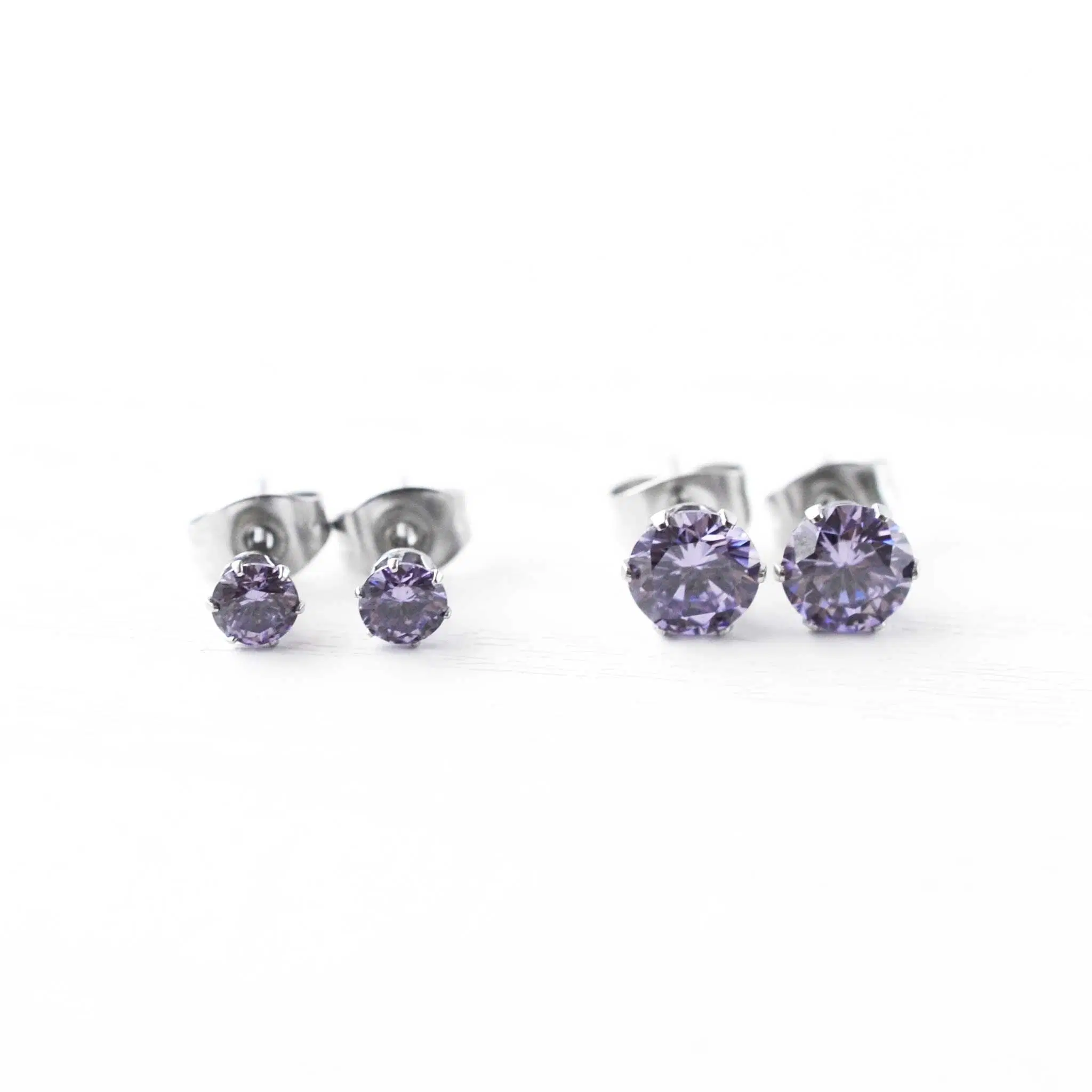 Purple Cubic Zirconia Stud Earrings, Hypoallergenic Surgical Steel Studs For Sensitive Ears