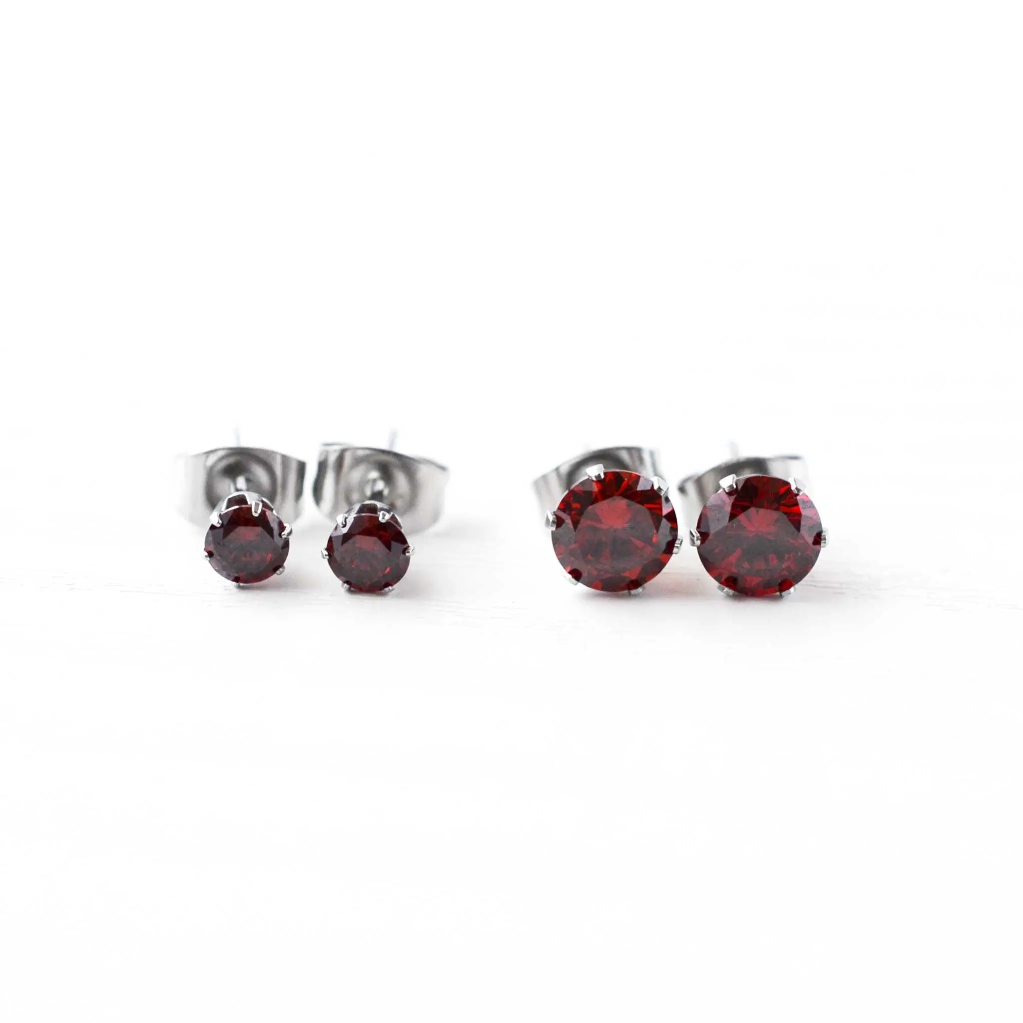 Red Cubic Zirconia Stud Earrings, Hypoallergenic Surgical Steel Studs For Sensitive Ears