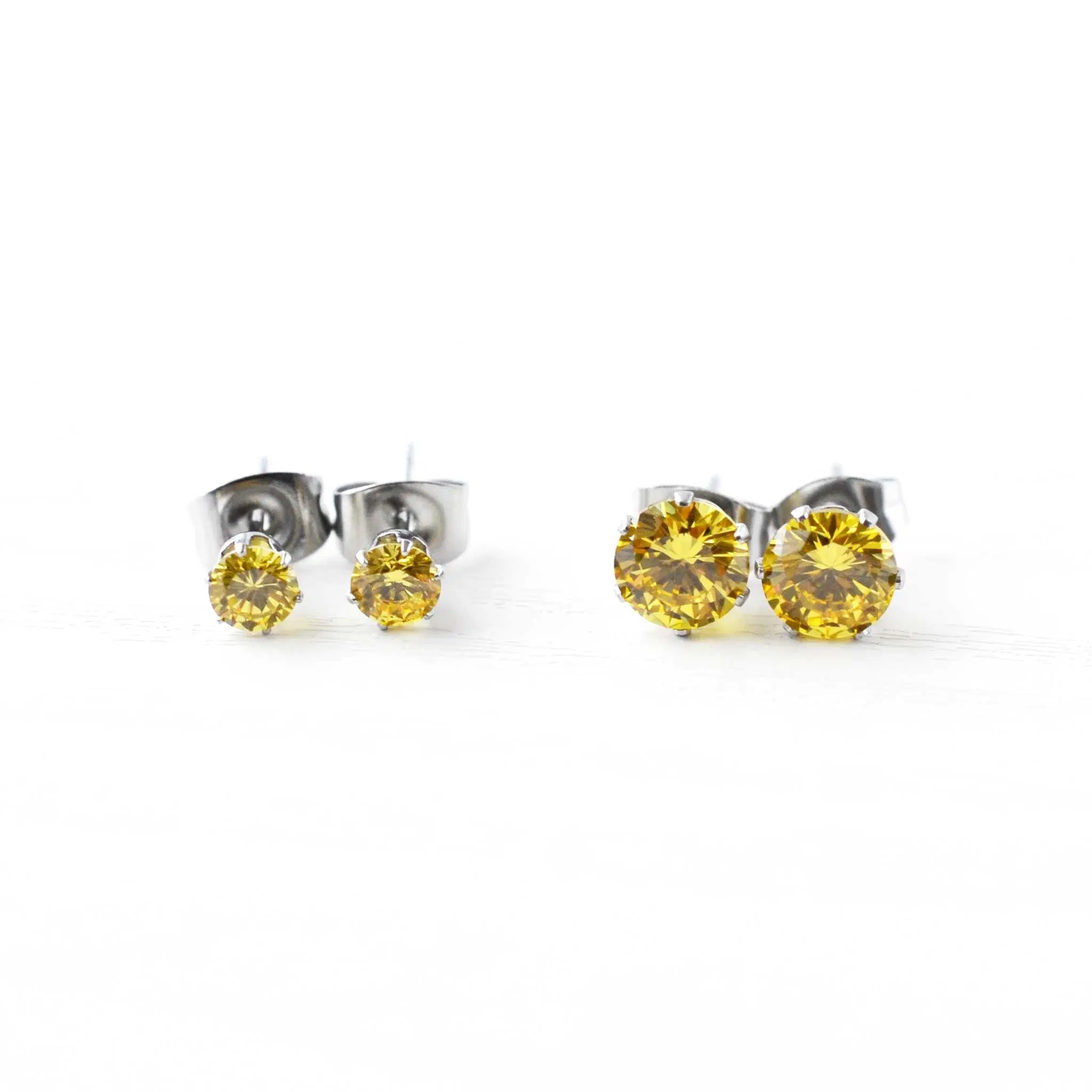 Yellow Cubic Zirconia Stud Earrings, Hypoallergenic Surgical Steel Studs For Sensitive Ears