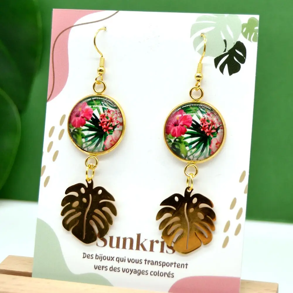 Tropical monstera & hibiscus earrings in stainless steel