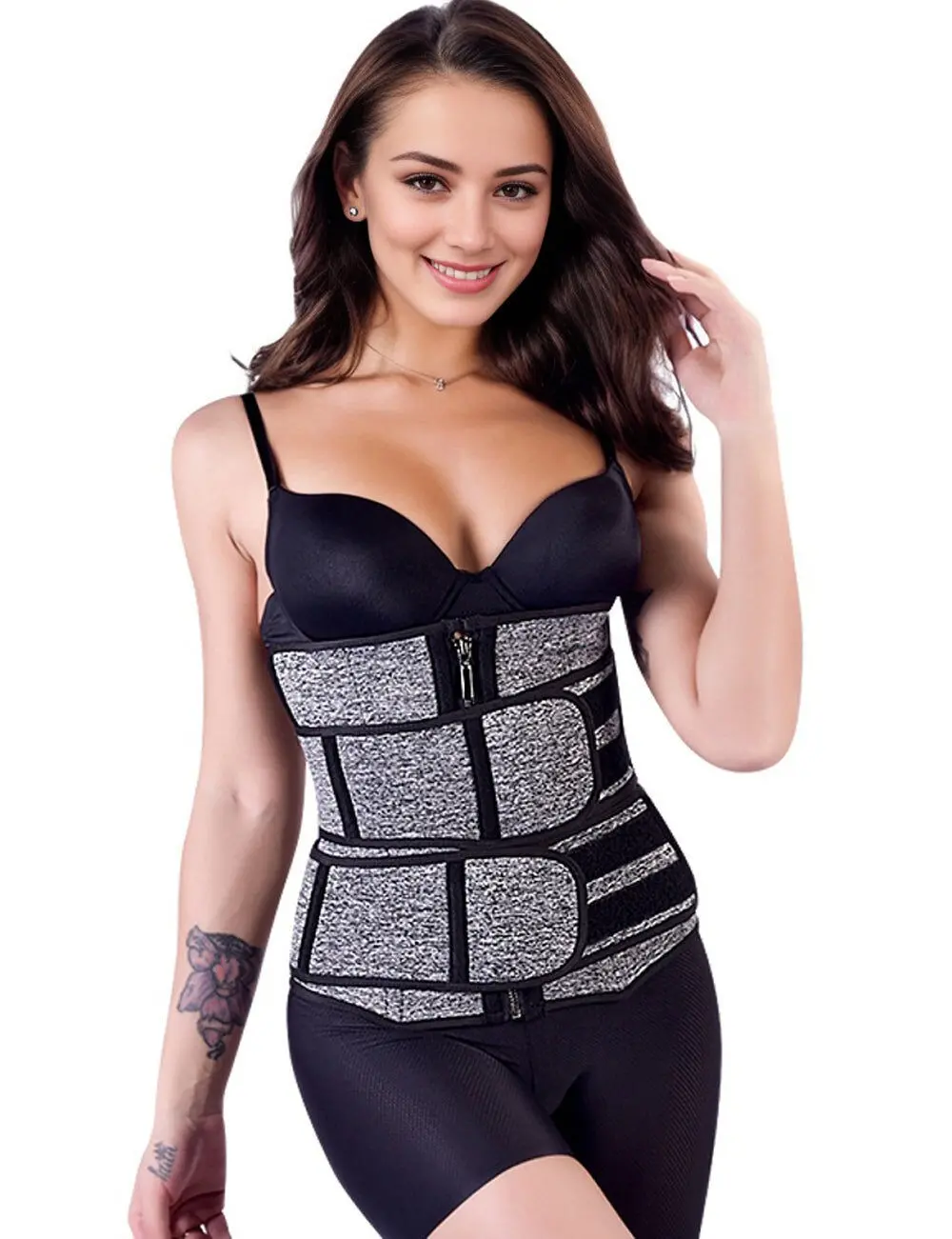 Cintura fitness con doppia cintura e cerniera, 15 stecche in acciaio, neoprene, argento e nero.