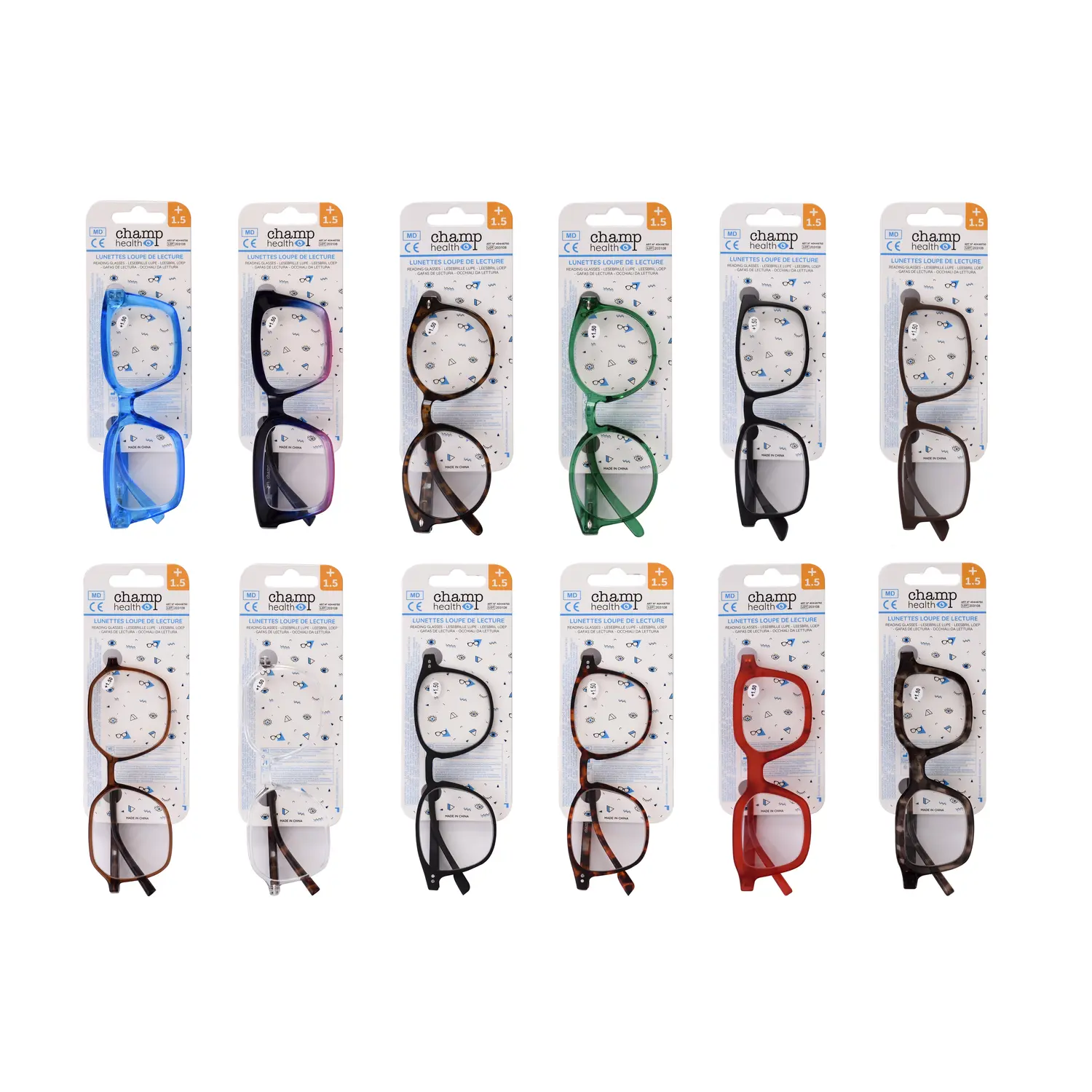 Display 12 CHAMP Health +1 Reading Glasses.5 – Assortment of 12 Trendy Models