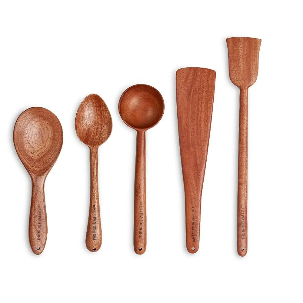 Neem Wood Cooking Utensil Set – Spatulas & Ladles – Natural Non-Stick – 5-Piece, 37CM