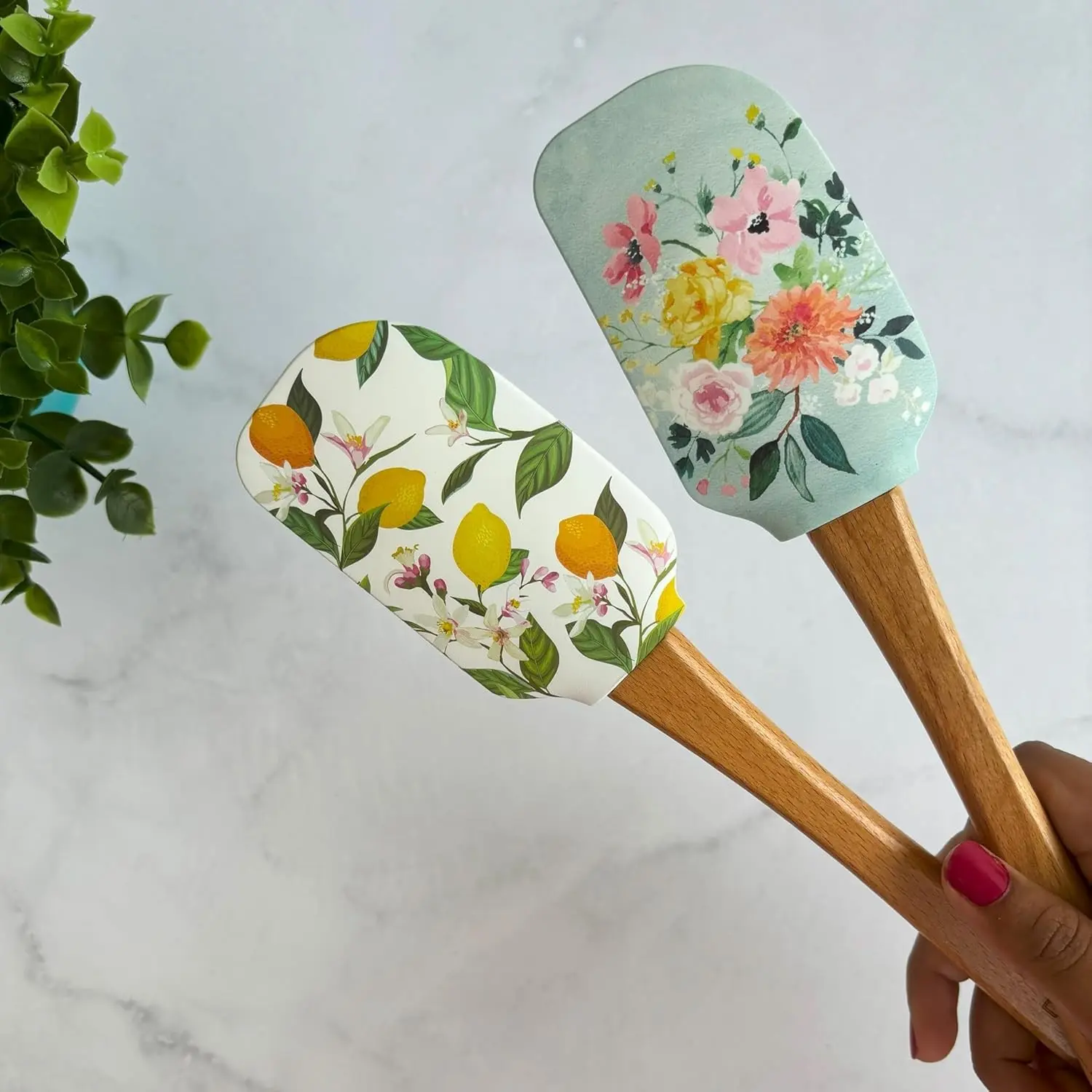 Designer Printed Silicone Spatula Set – Baking Utensil – Food Grade Silicone & Wood – Pack of 2