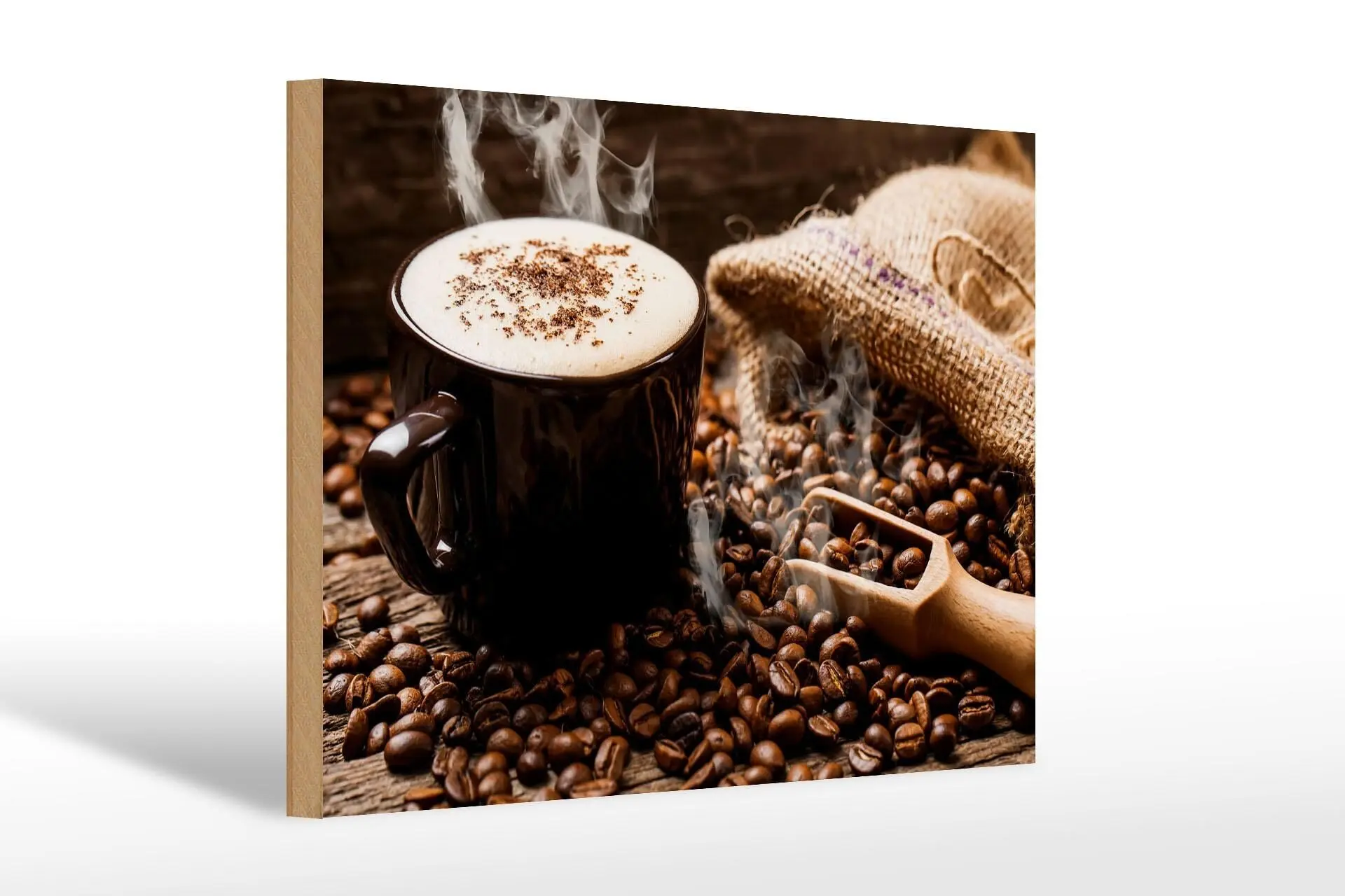 Wooden sign "Drinking" 20x30 cm, steaming coffee and coffee beans, decorative sign