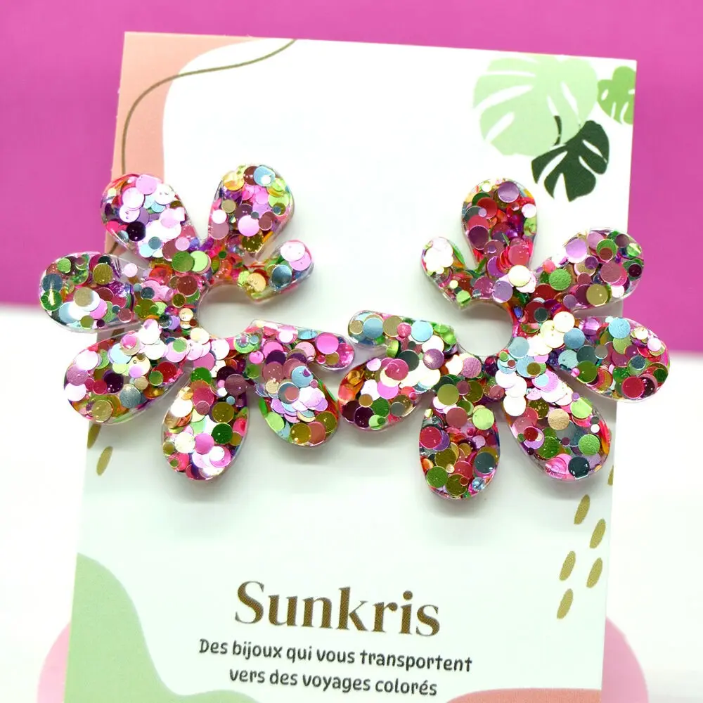 Daisy "Flower Power" Earrings – Resin & Multicolored Sequins (Pink Tones)