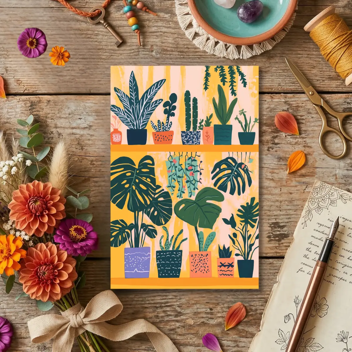 Colorful plant lover card - retro vintage plant card A6