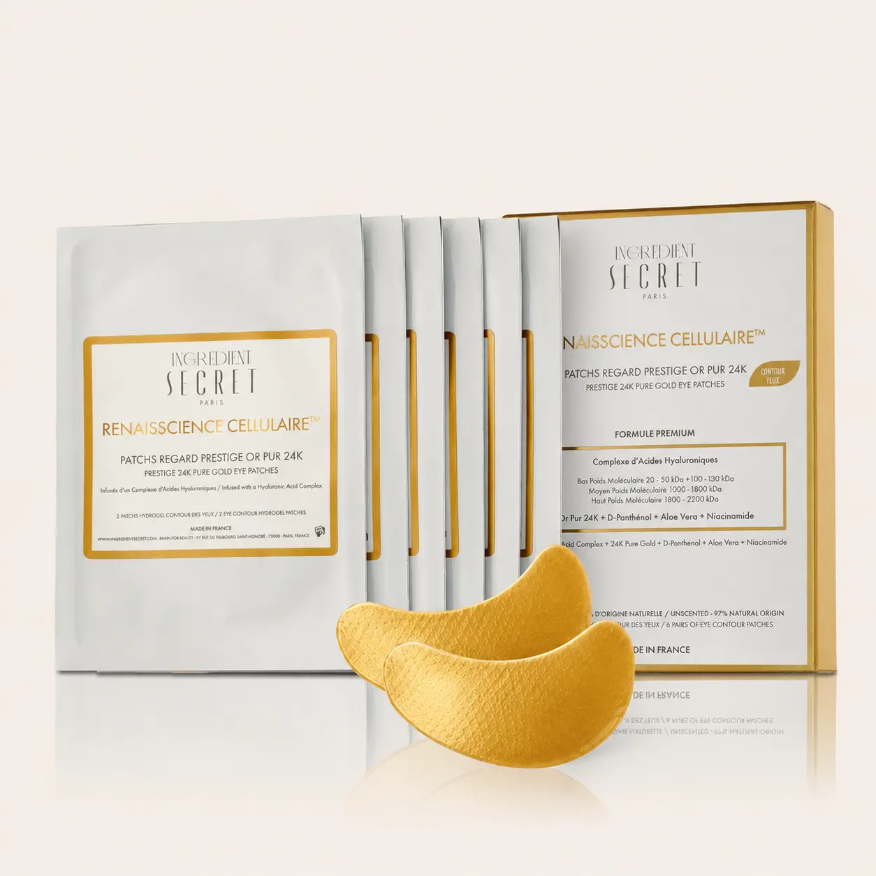 PATCHS HYDROGEL CONTOUR DES YEUX PRESTIGE À L’OR PUR 24K – MADE IN FRANCE (1 boîte – 6 paires)