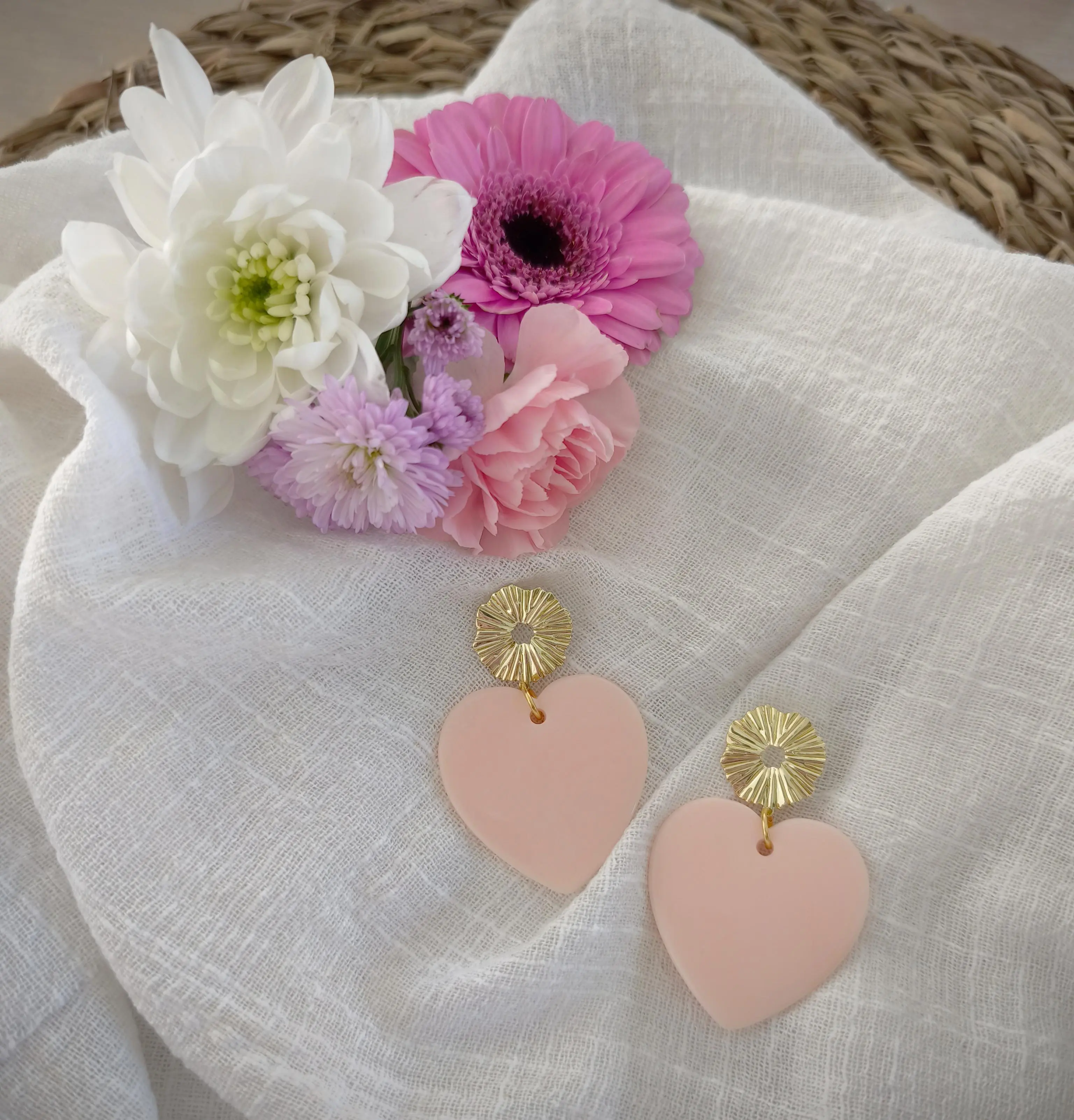 Peach heart acrylic earrings