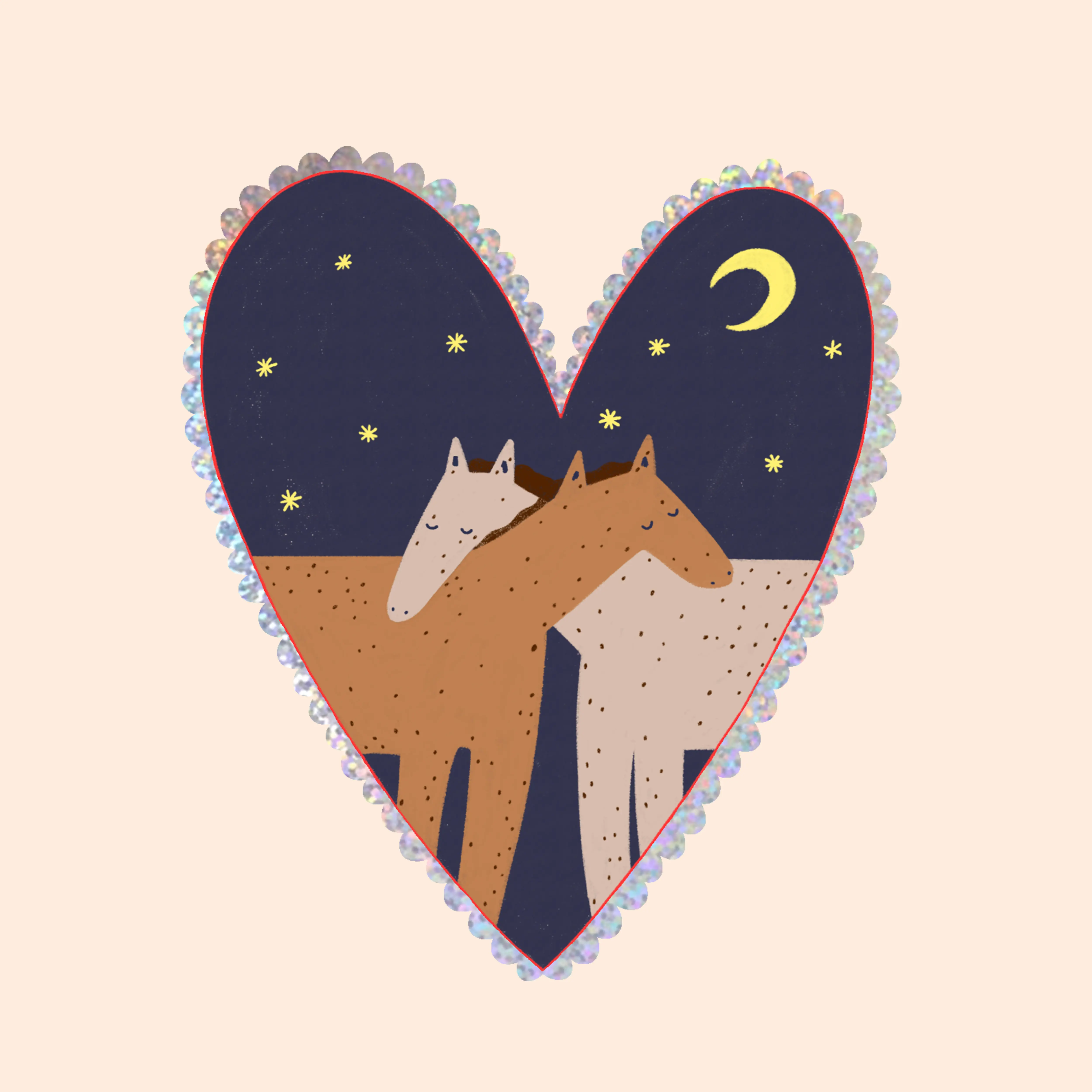 Hugging Horses Glitter Sticker | Vinyl Heart Shaped Sticker