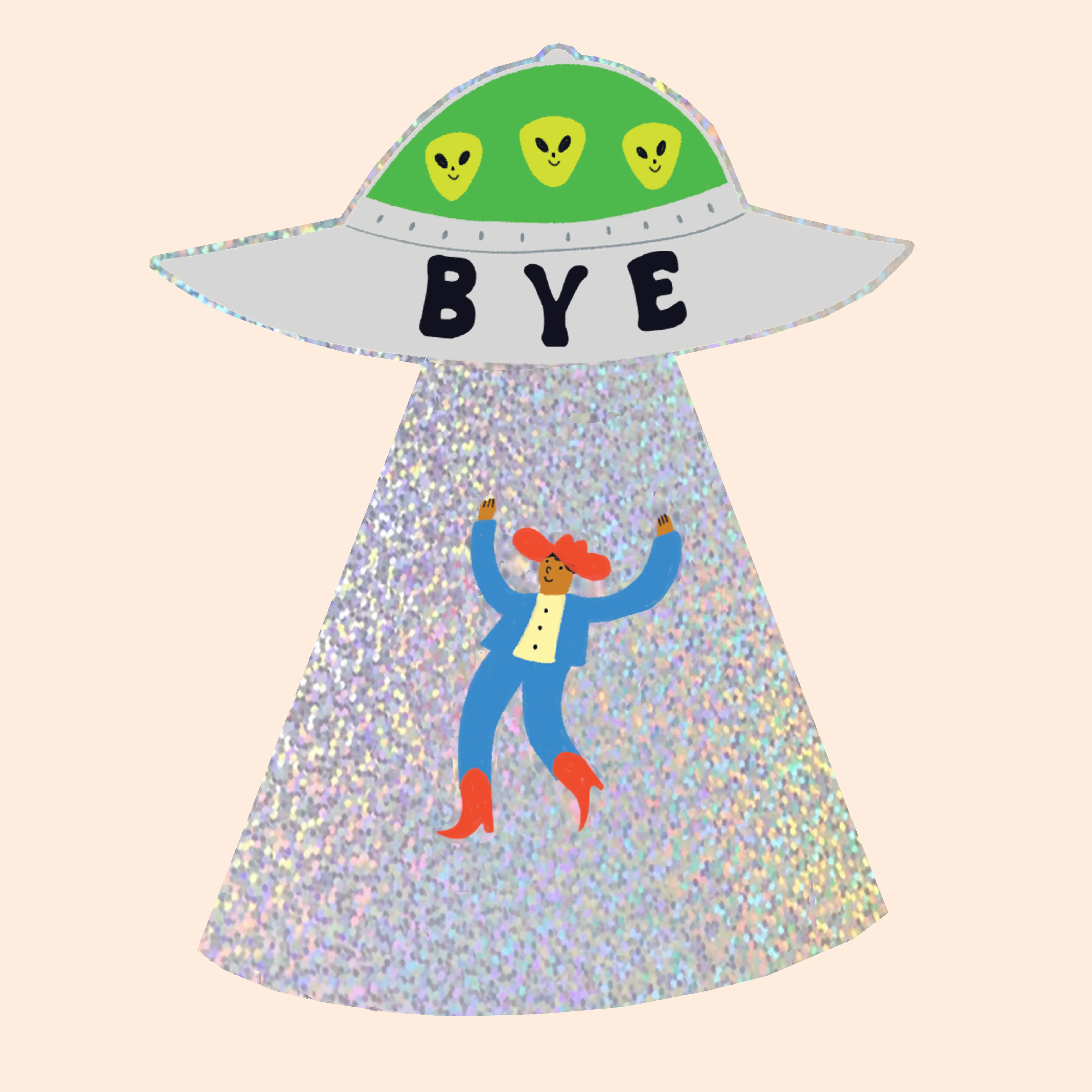 'Bye' Cowboy UFO Glitter Sticker | Die Cut Alien Sticker