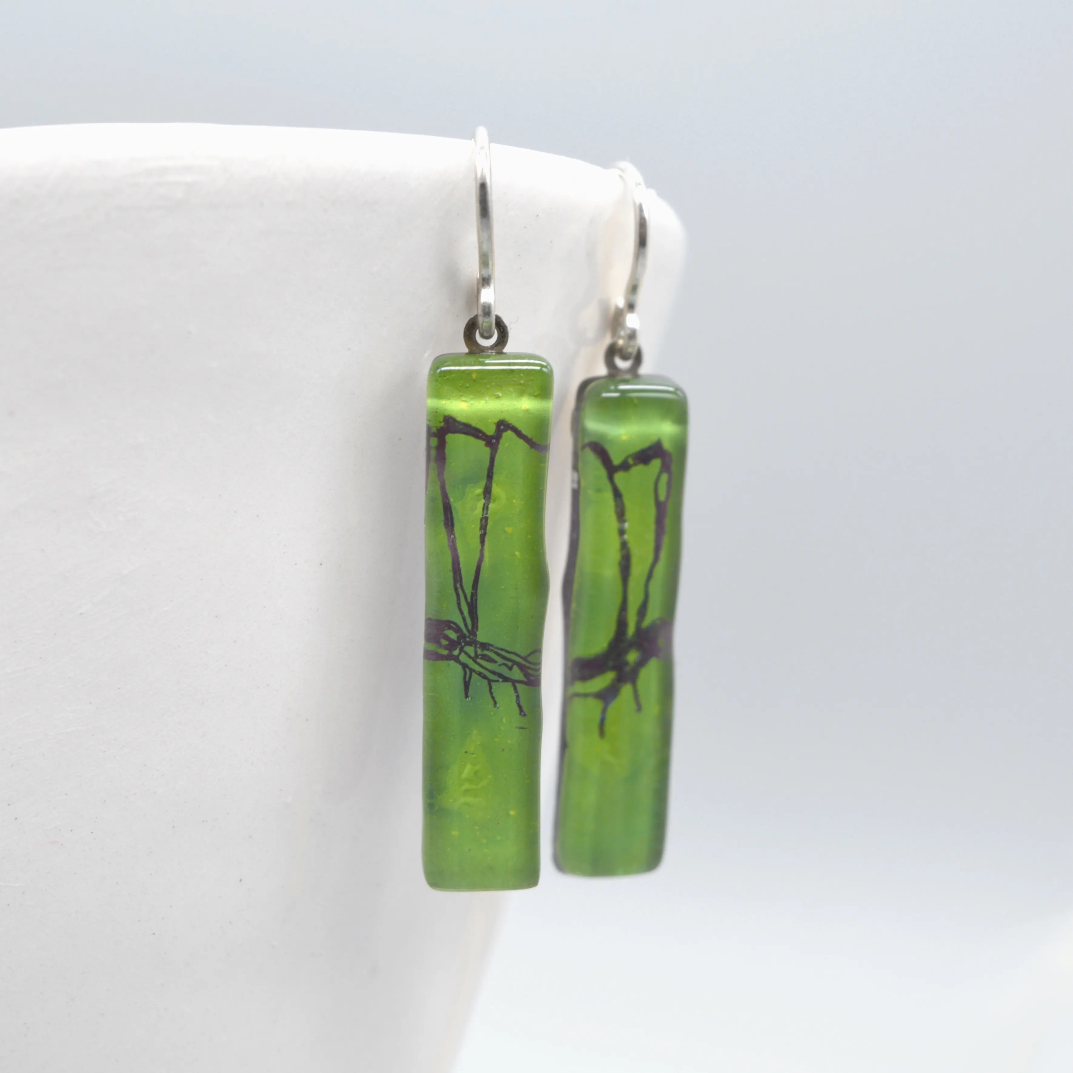 Green Butterfly Earrings, Glass and 925 Sterling Silver