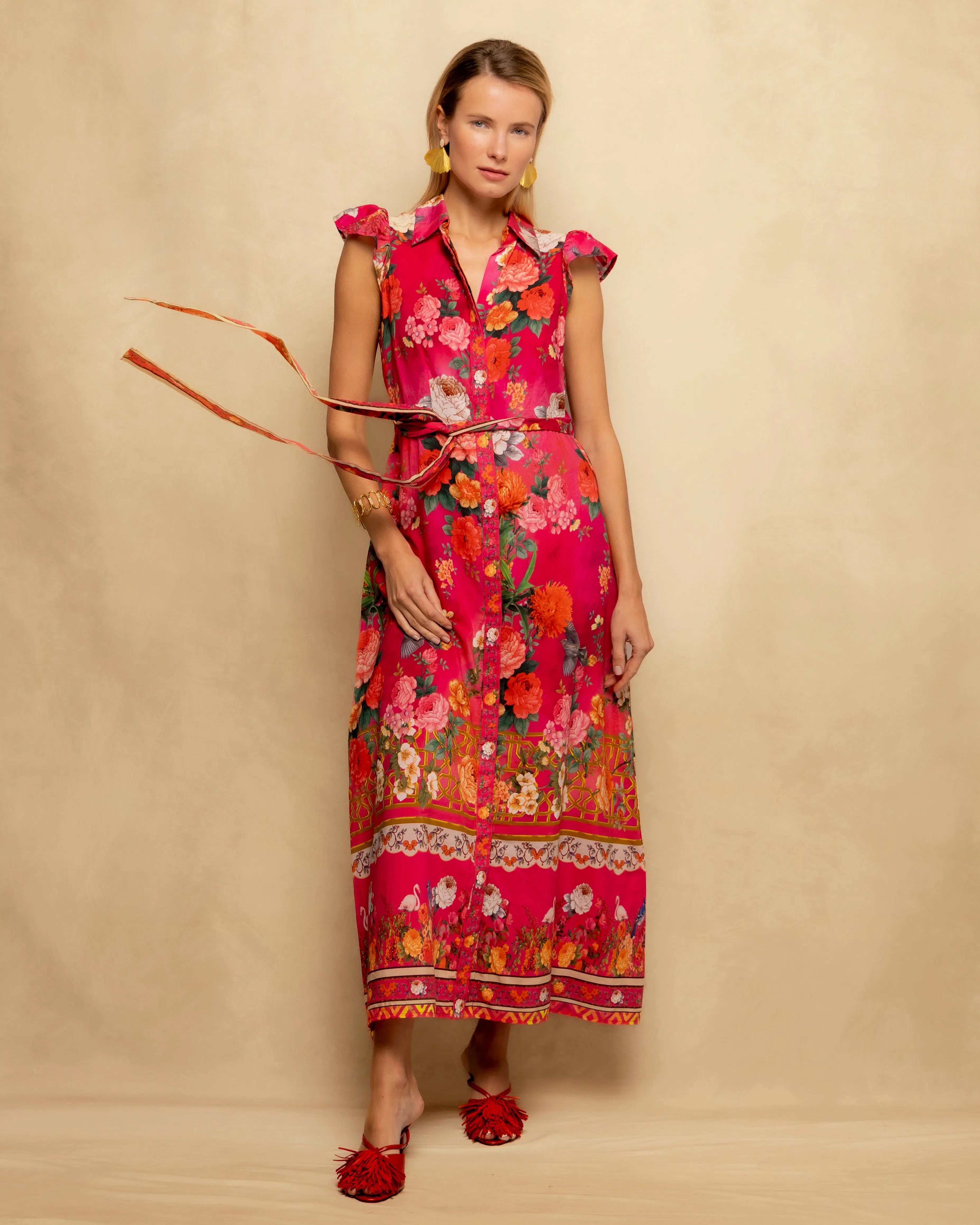 Vestido Largo Camisero Flores Sira