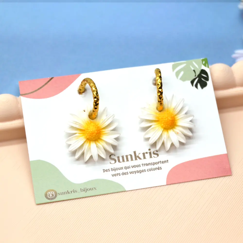Daisy Hoop Earrings – Resin and Gold-Plated Stainless Steel Tassels