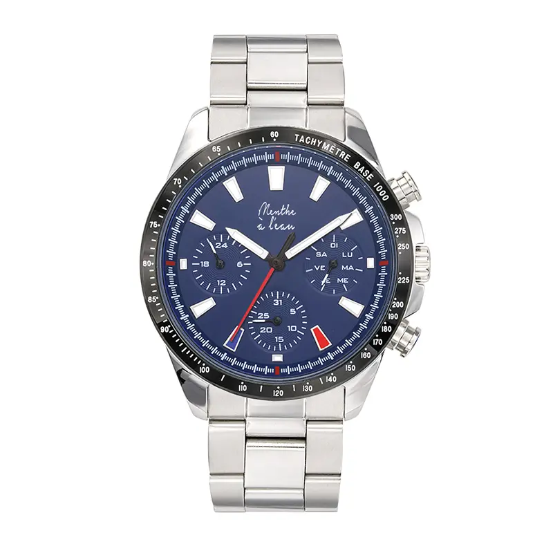 L'Équinoxe Herrenuhr mit Armband aus verchromtem Stahl und blauem Zifferblatt