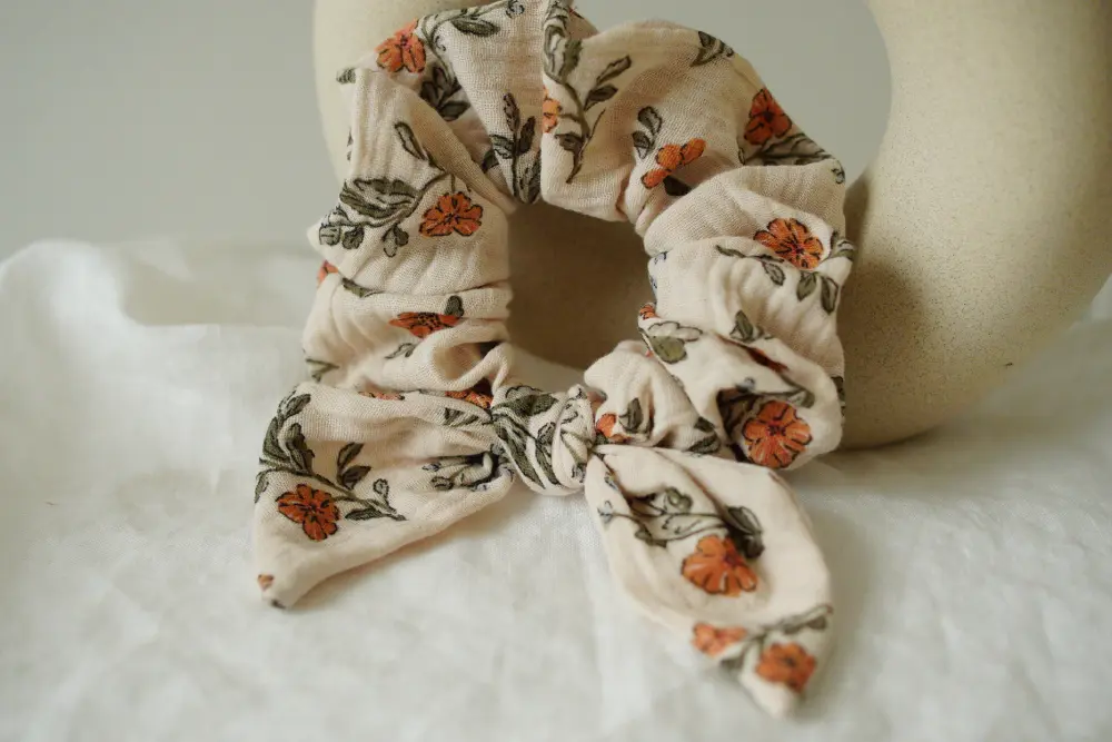 Céliane Floral Ivory Peach Sage Knot Scrunchie