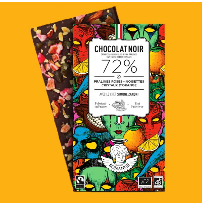 Barra de chocolate negro 72 % orgánico de comercio justo de Carnevale di Venezia, 80 g - colaboración con el chef Simone Zanoni