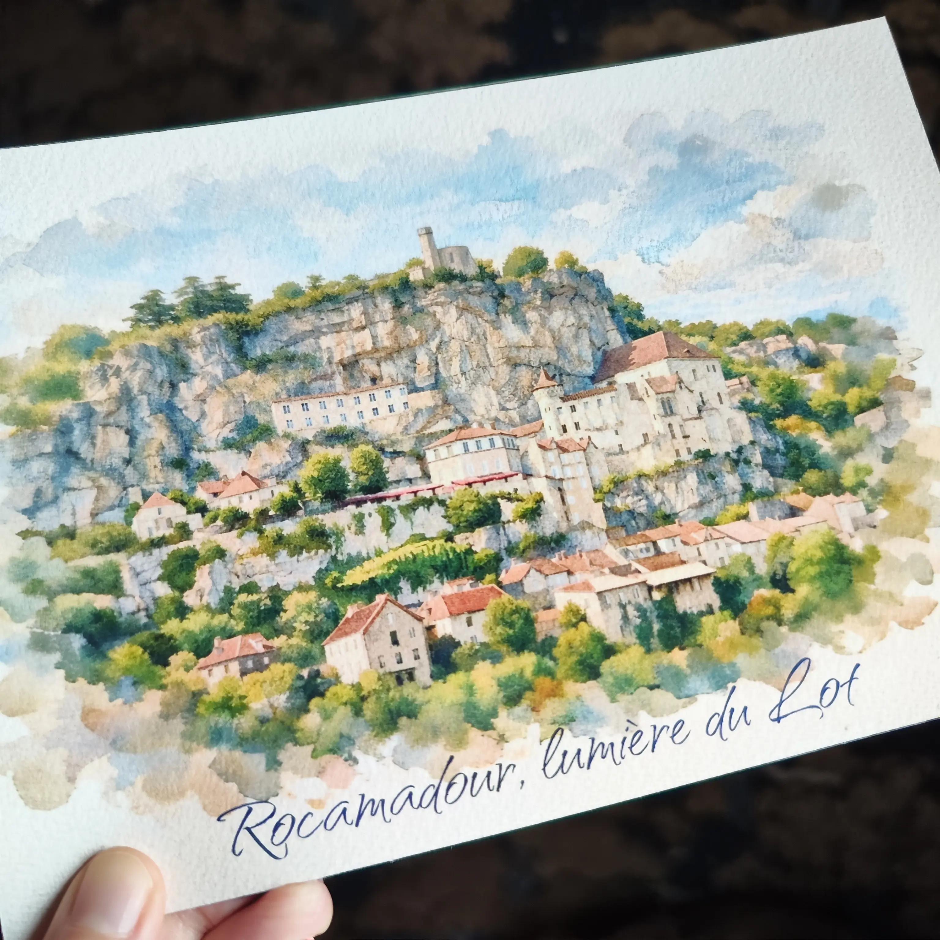 Art Postcard - Rocamadour Landscape Watercolor Style Print – Art Poster for Gift Shops