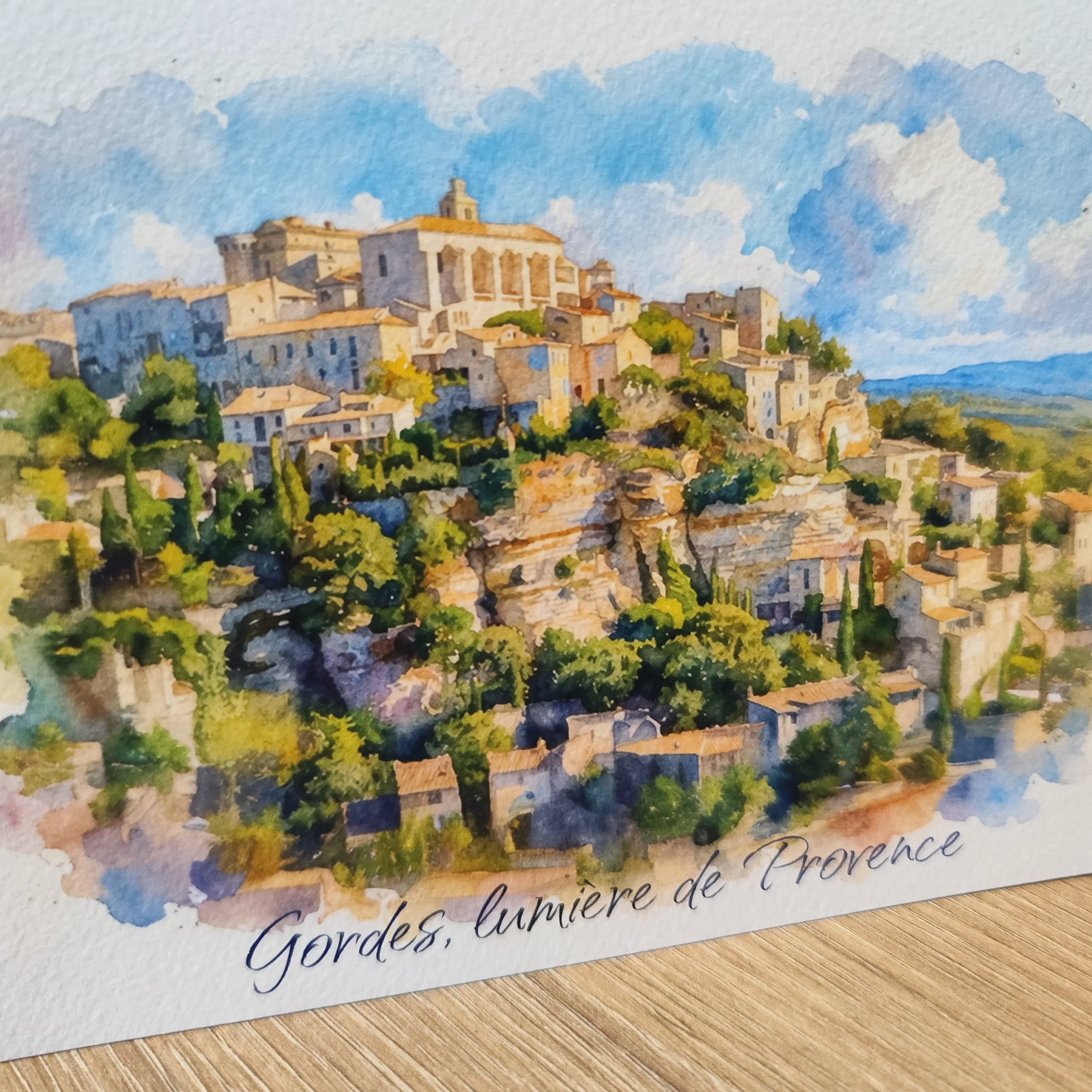 Art Poster - Gordes Landscape Watercolor Style Print – Art Postcard for Gift Shops