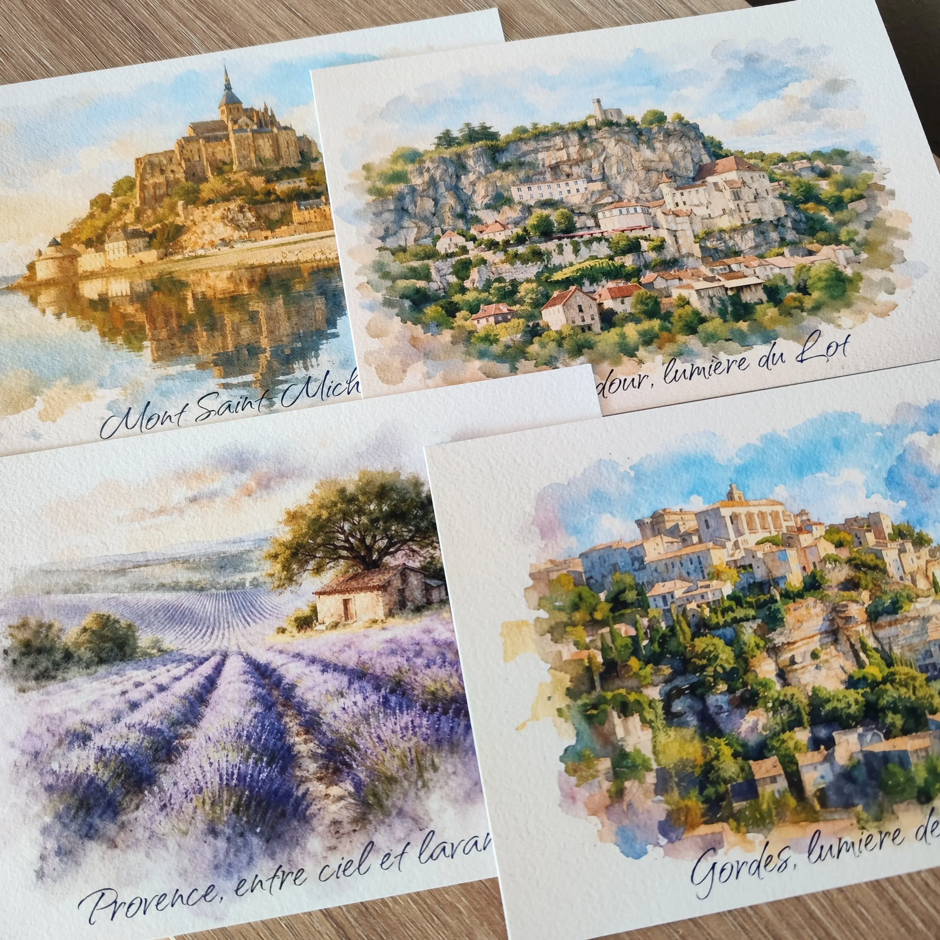 Art Postcard Set France Collection Landscape 4 Views - Watercolor Style Prints Passepartout – Art Poster for Souvenir Shops