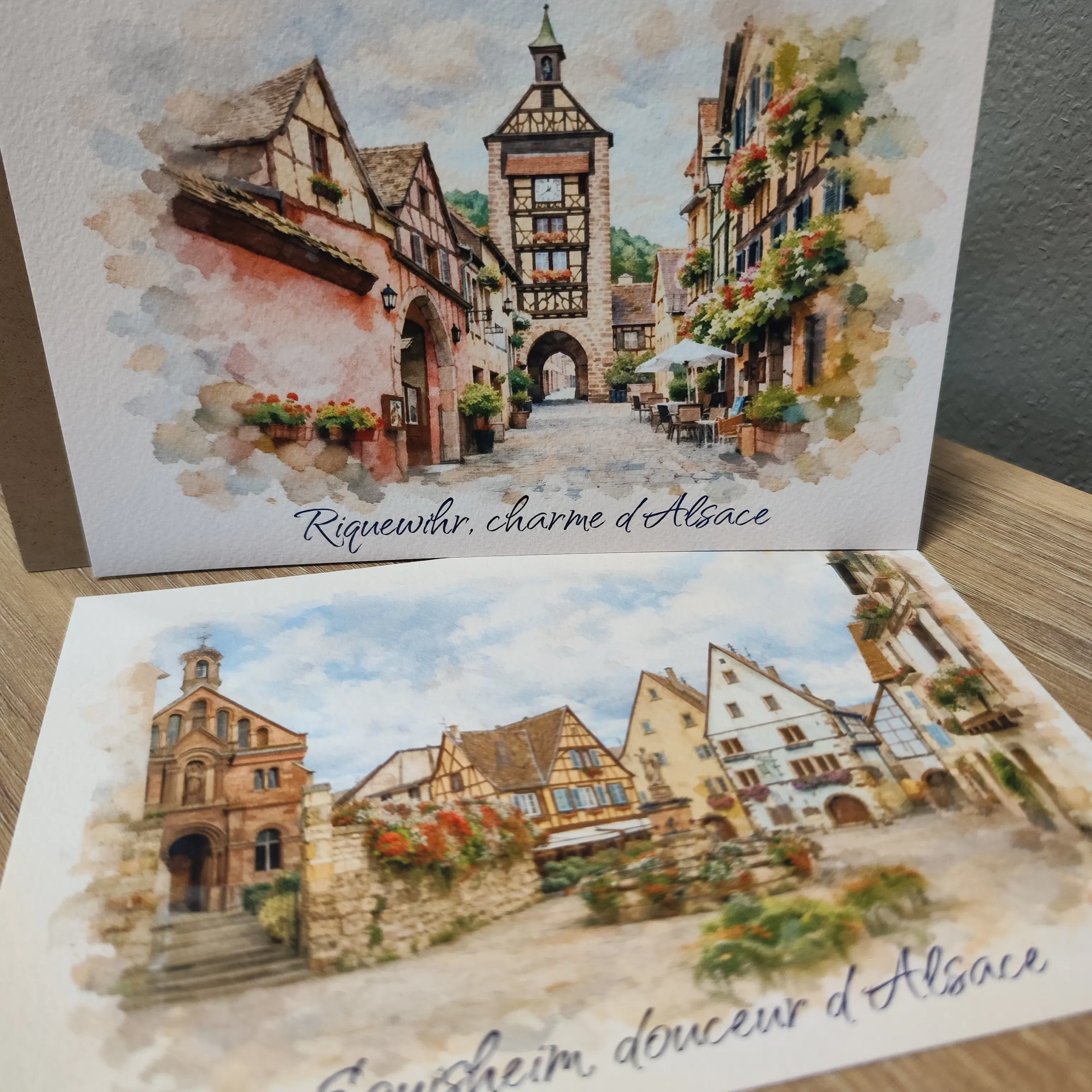 Art Postcard Set Alsace Collection 2 Town Views - Watercolor Style Prints Passepartout – Art Poster for Souvenir Shops