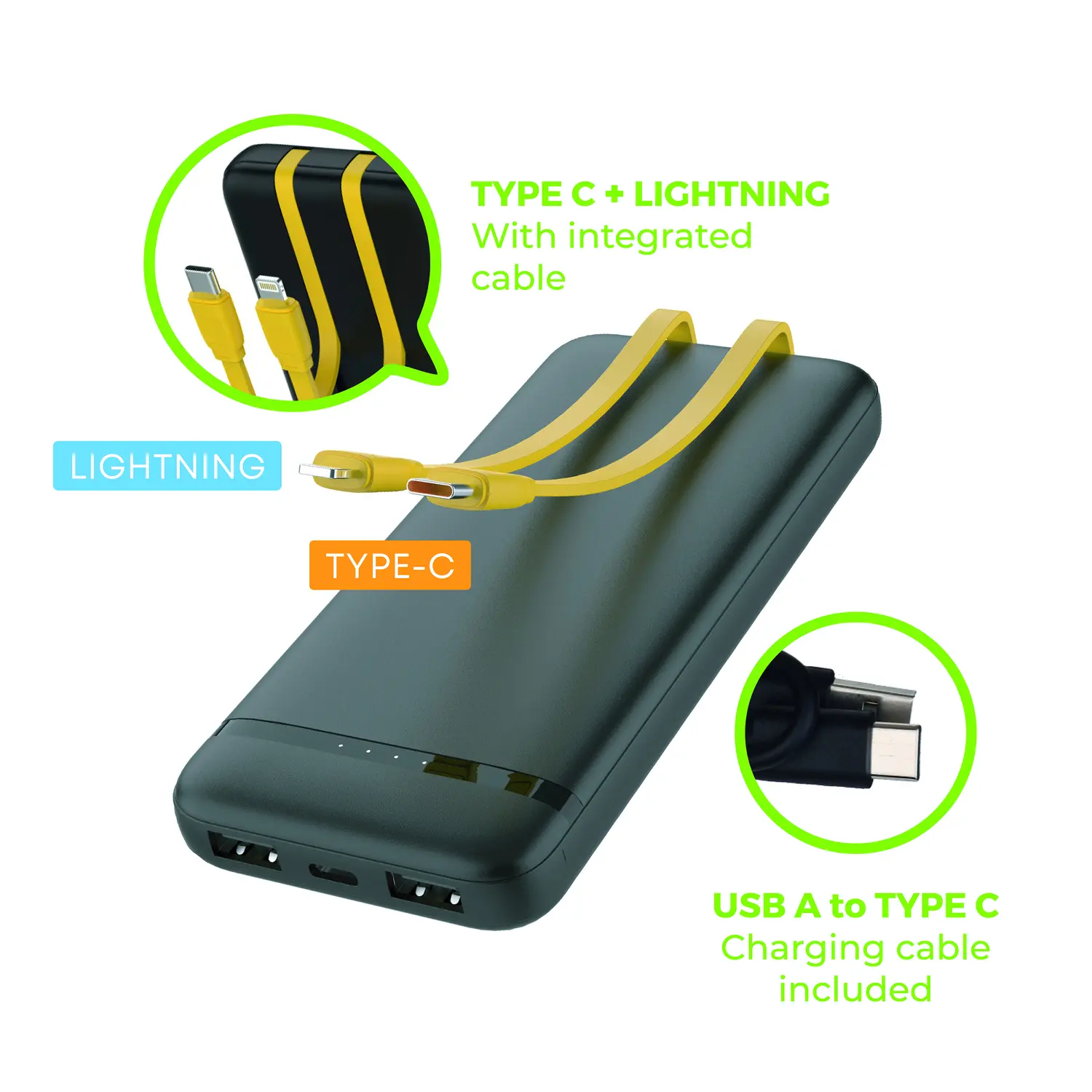 10,000 mAh power bank with integrated cables