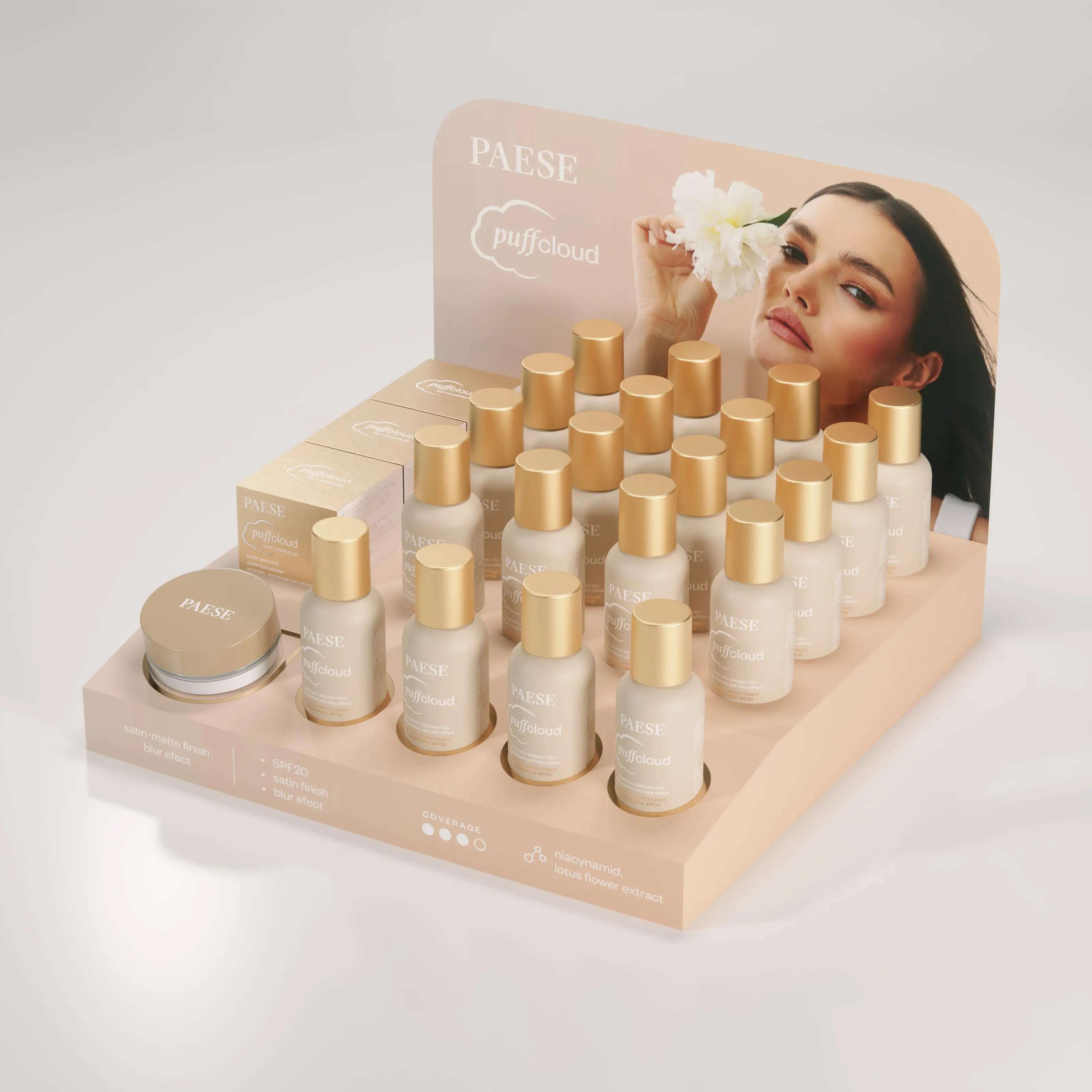 Ideal para el Día de la Madre - Expositor de la colección "Puff Cloud" de PAESE - La rutina perfecta para una tez radiante - 19 piezas + 5 probadores - Precio de venta al público: 639 € IVA incluido - Instalación llave en mano (EKS234)