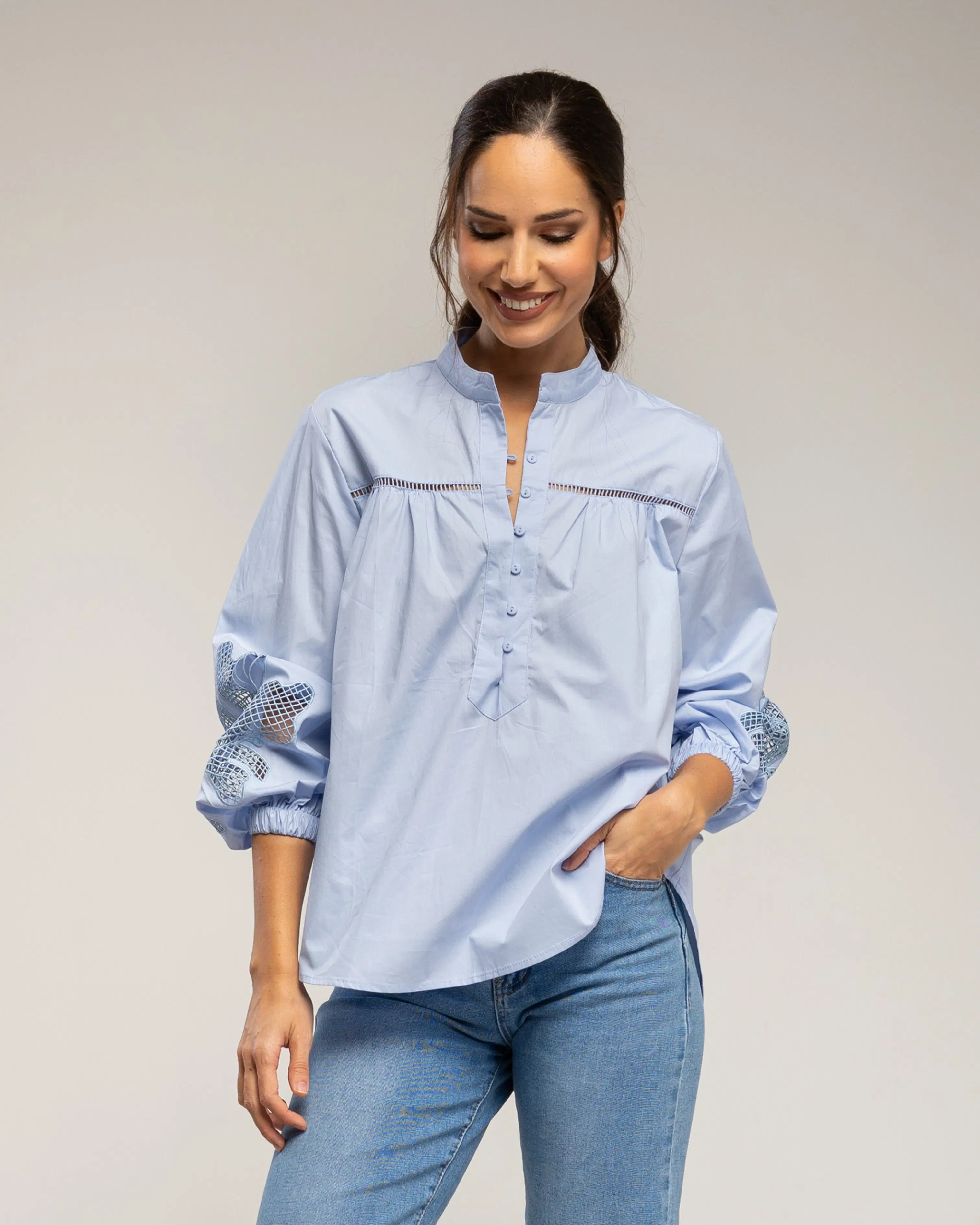 Shirt with mandarin collar, hemstitch detail and decorative embroidery on the sleeves