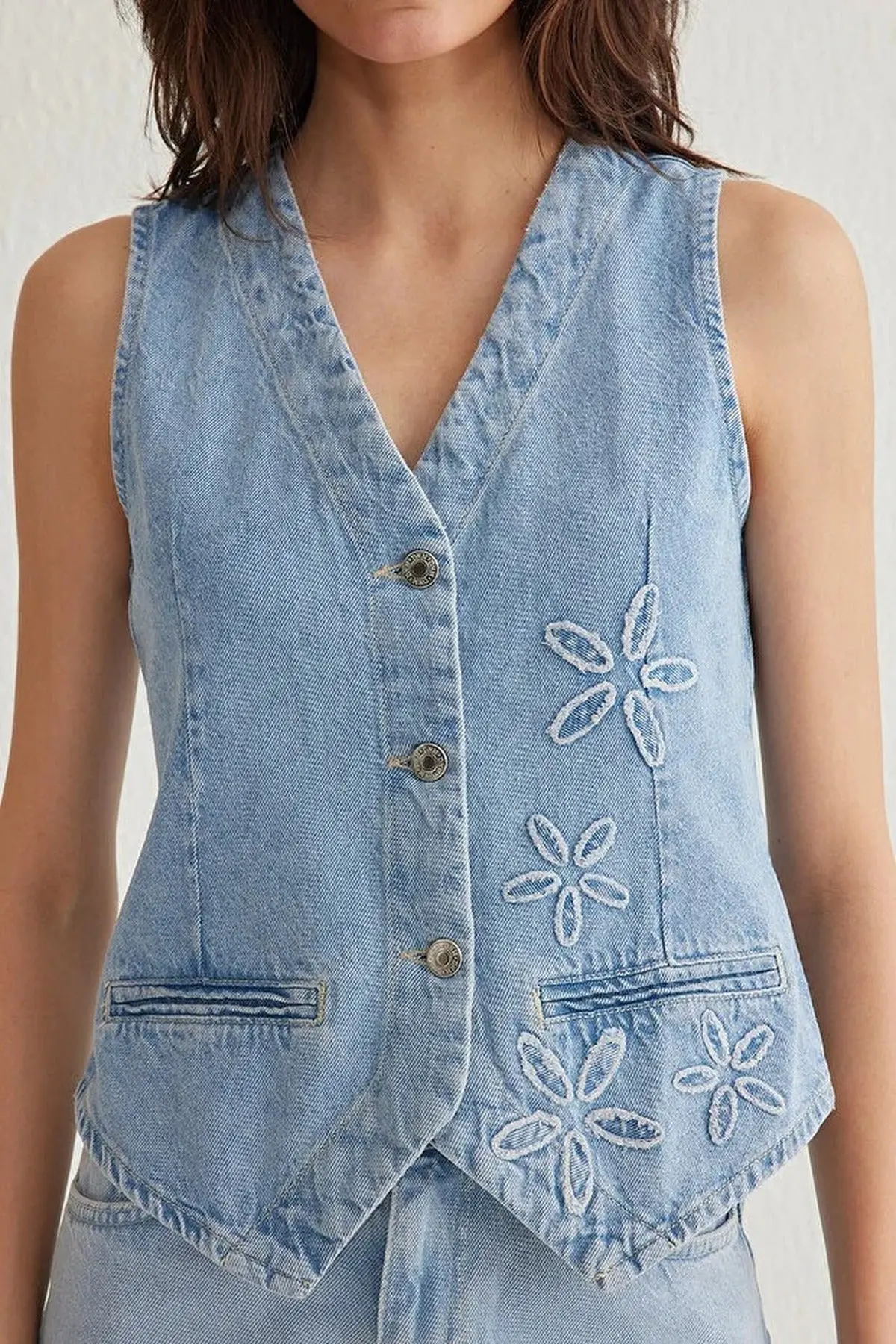 Buy wholesale Floral Embroidered V-Neck Denim Vest