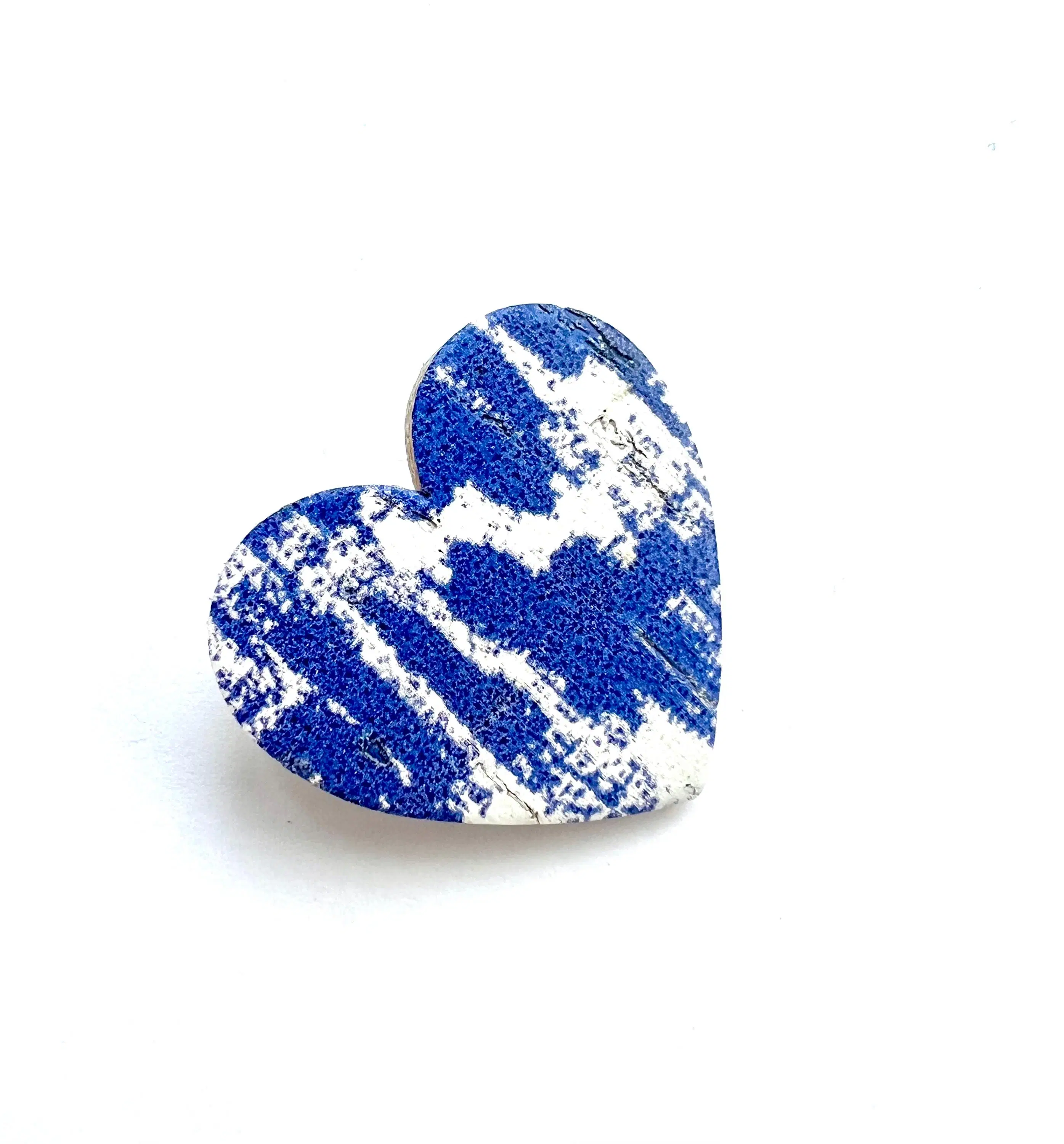 Heart brooch in cork and leather with abstract blue and white painting design