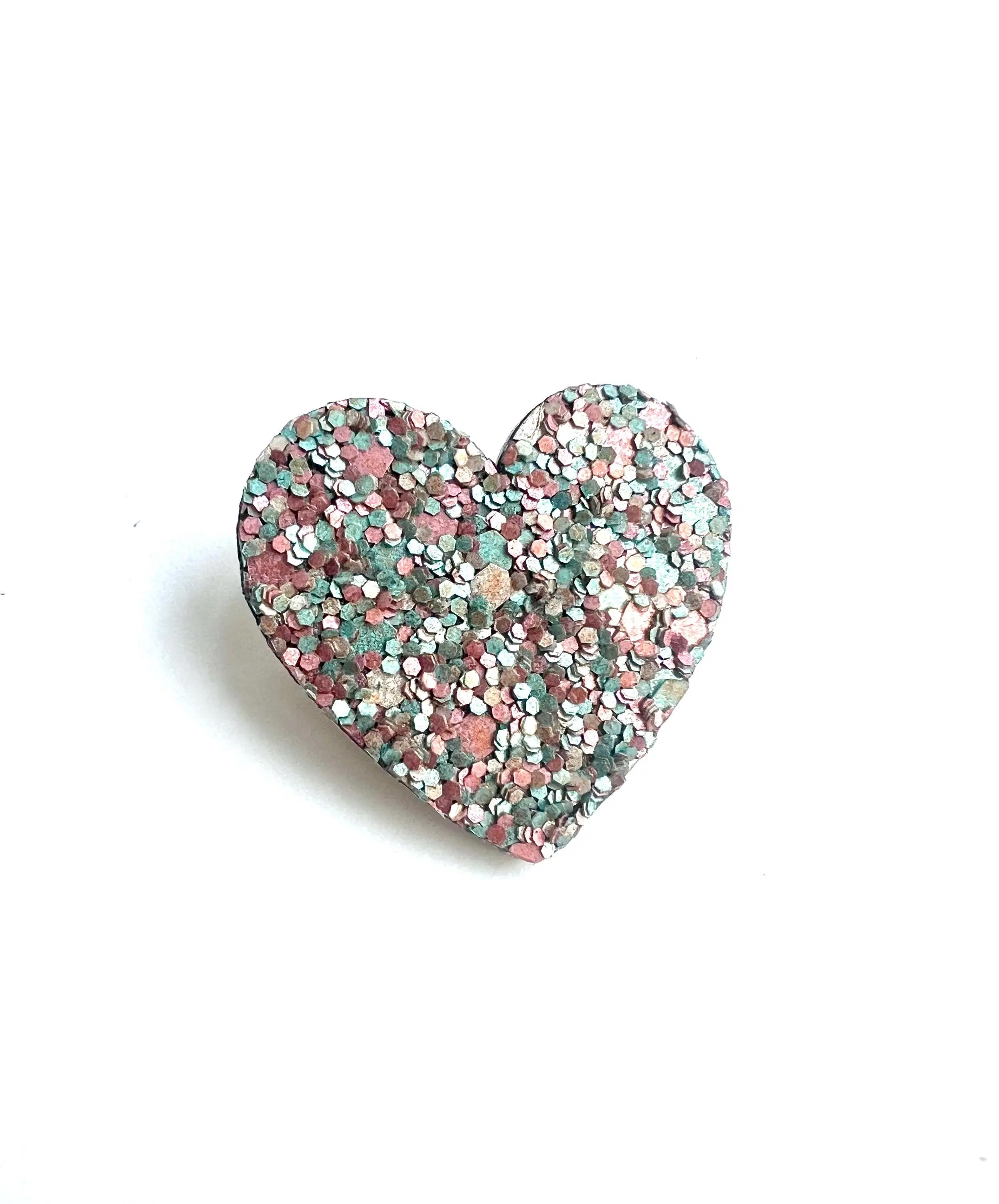 Pink and blue glitter cork and leather heart brooch