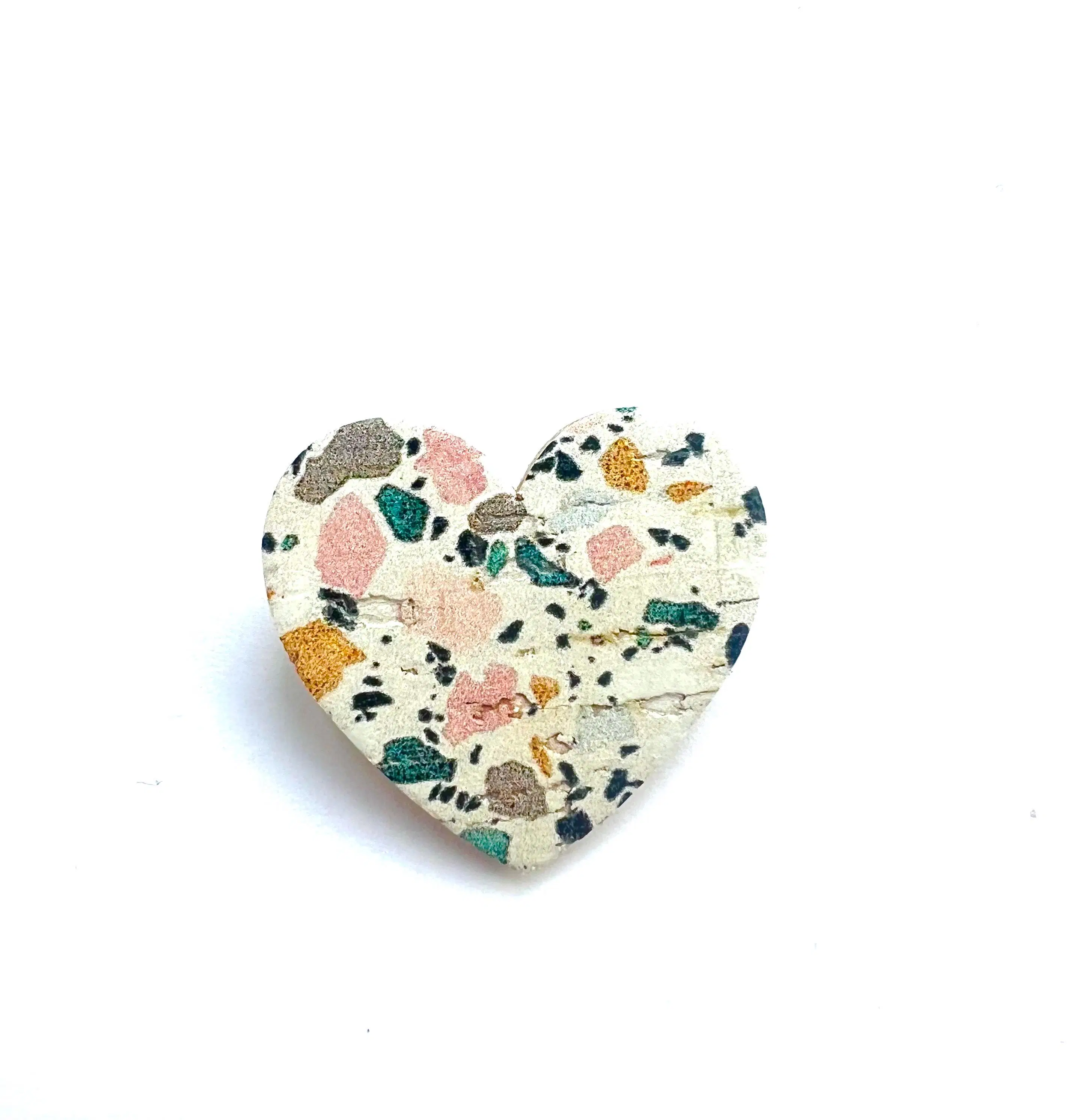 Heart brooch in cork and leather with terrazzo pattern