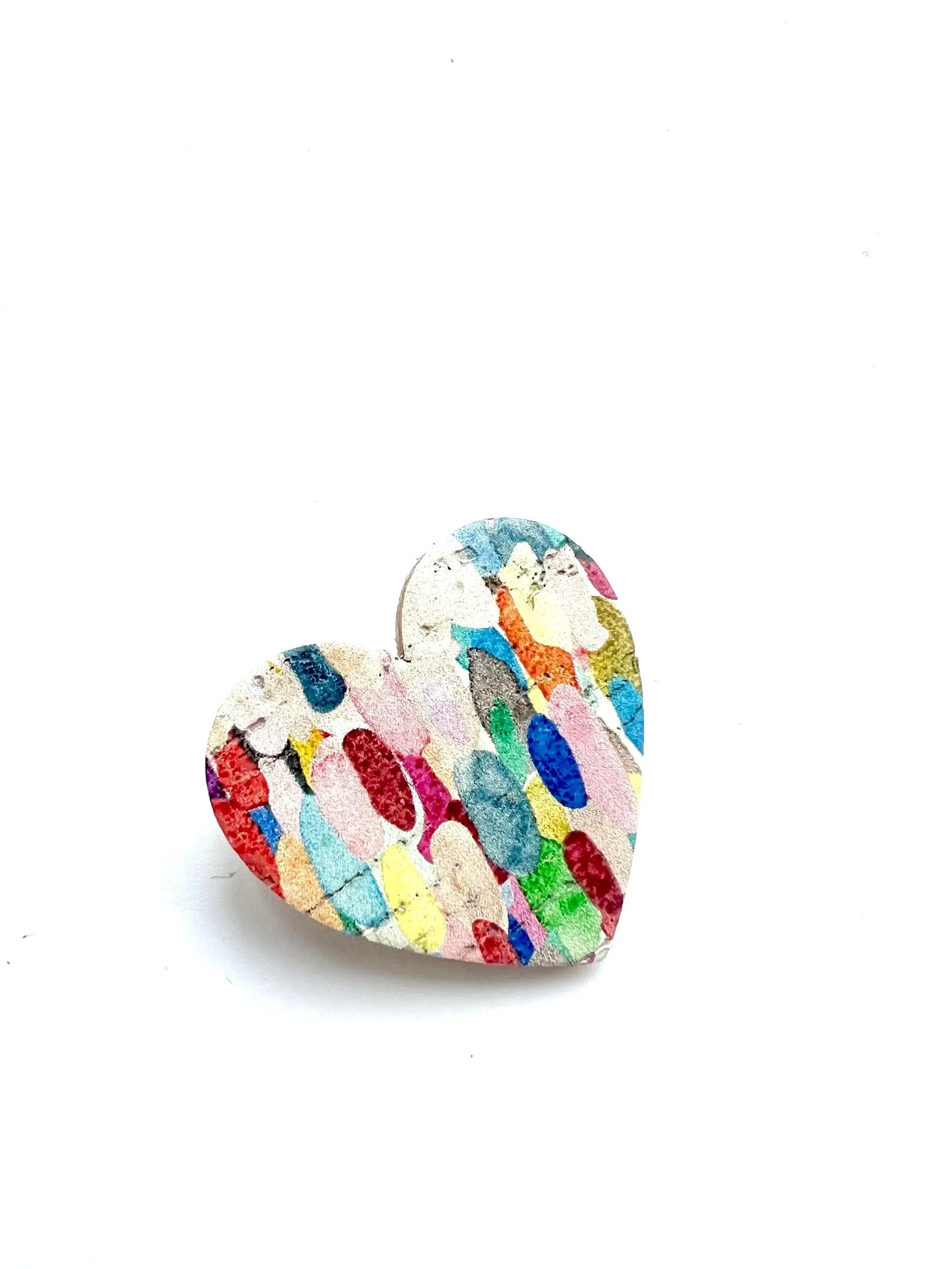 Heart brooch in cork and leather with graphic painting design
