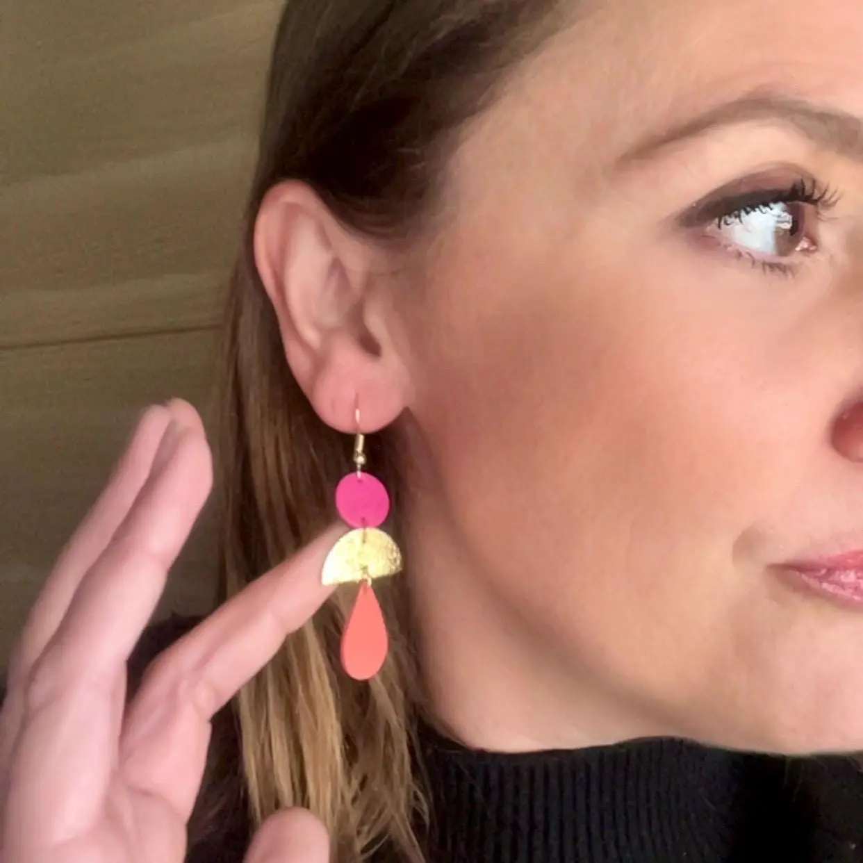 JOA leather earrings in fuchsia, gold, and coral