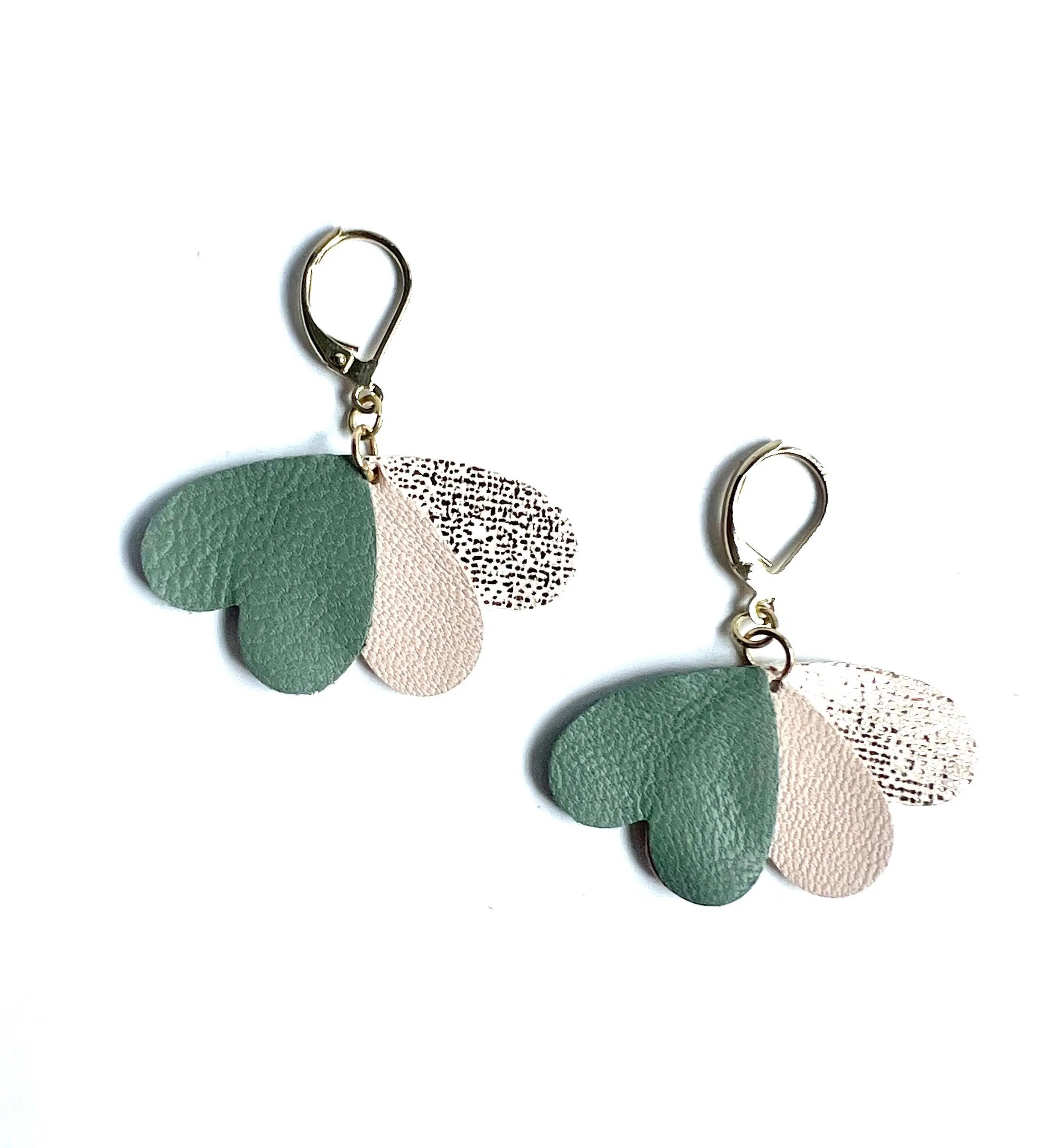 LOLA leather earrings in sage green, pastel pink and rose gold