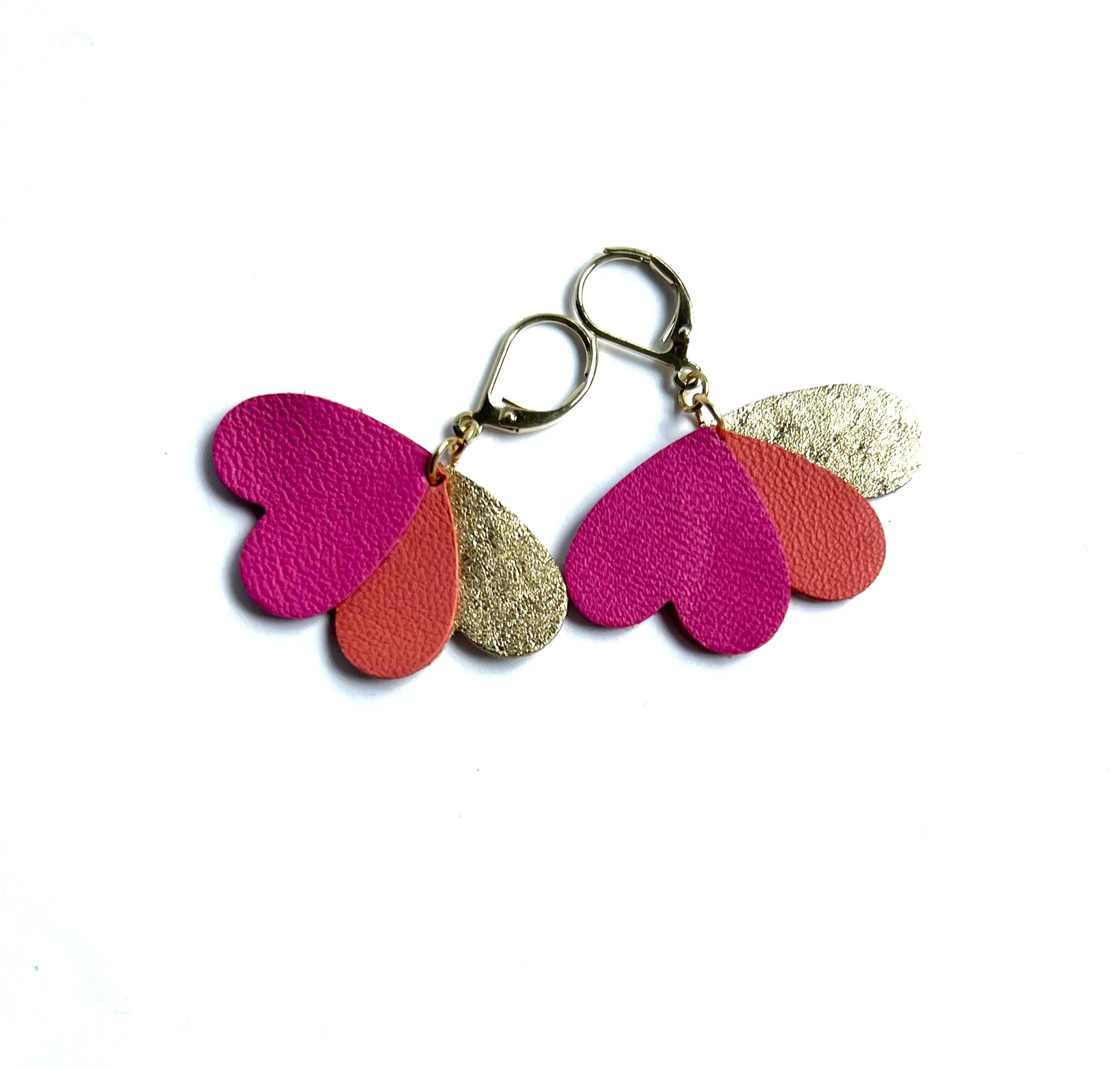 LOLA leather earrings in fuchsia, coral, and gold