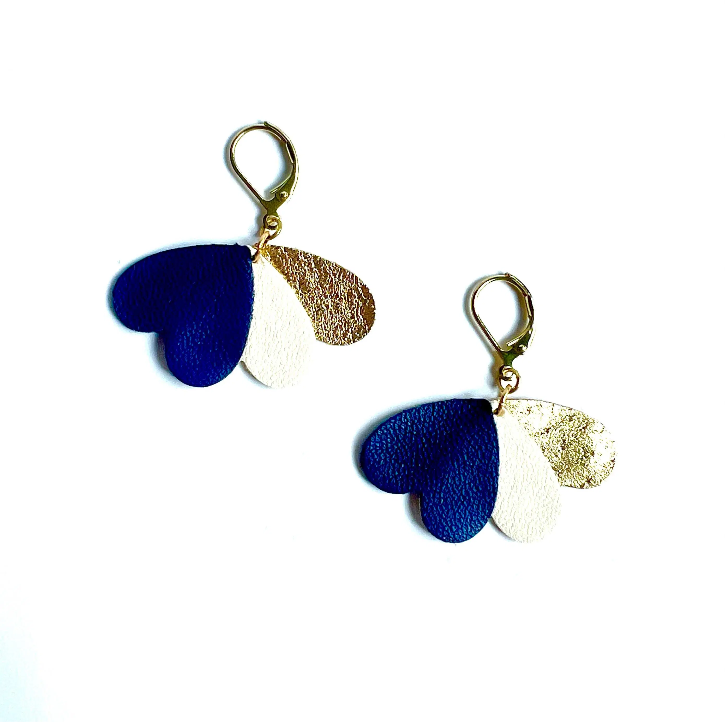 LOLA leather earrings in blue, white, and gold
