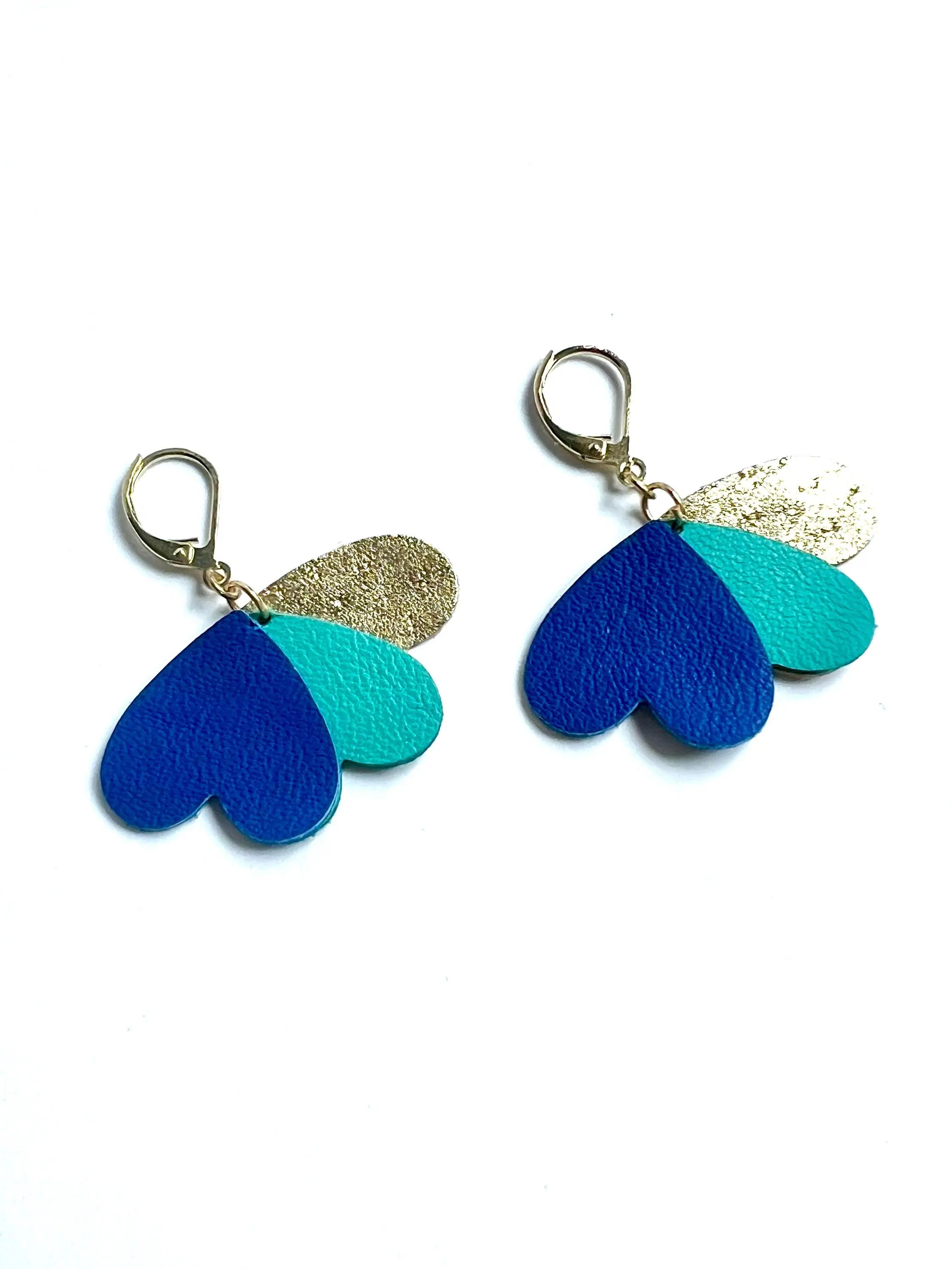 LOLA style leather earrings in turquoise blue and gold