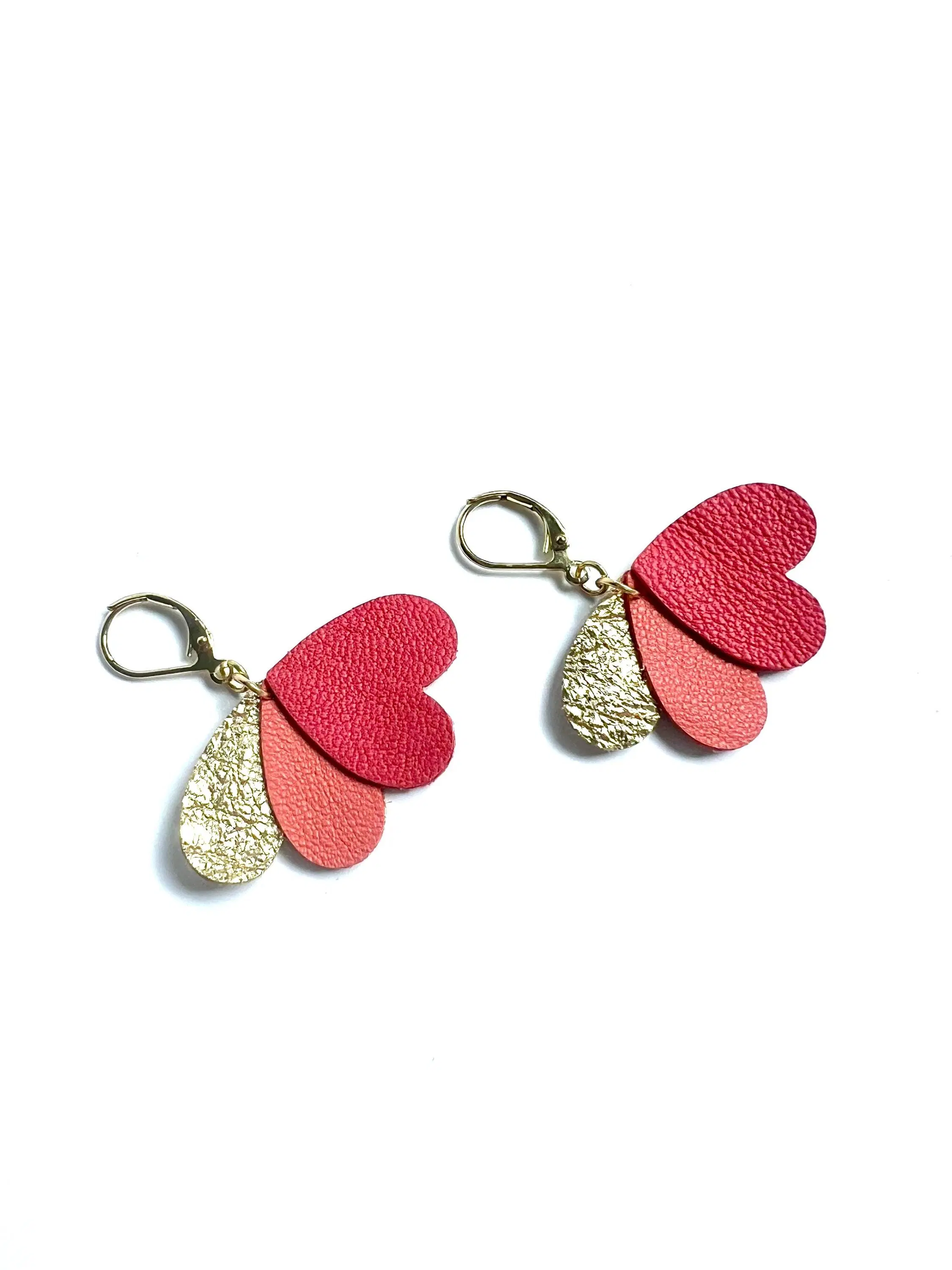 LOLA model leather earrings in coral red and gold