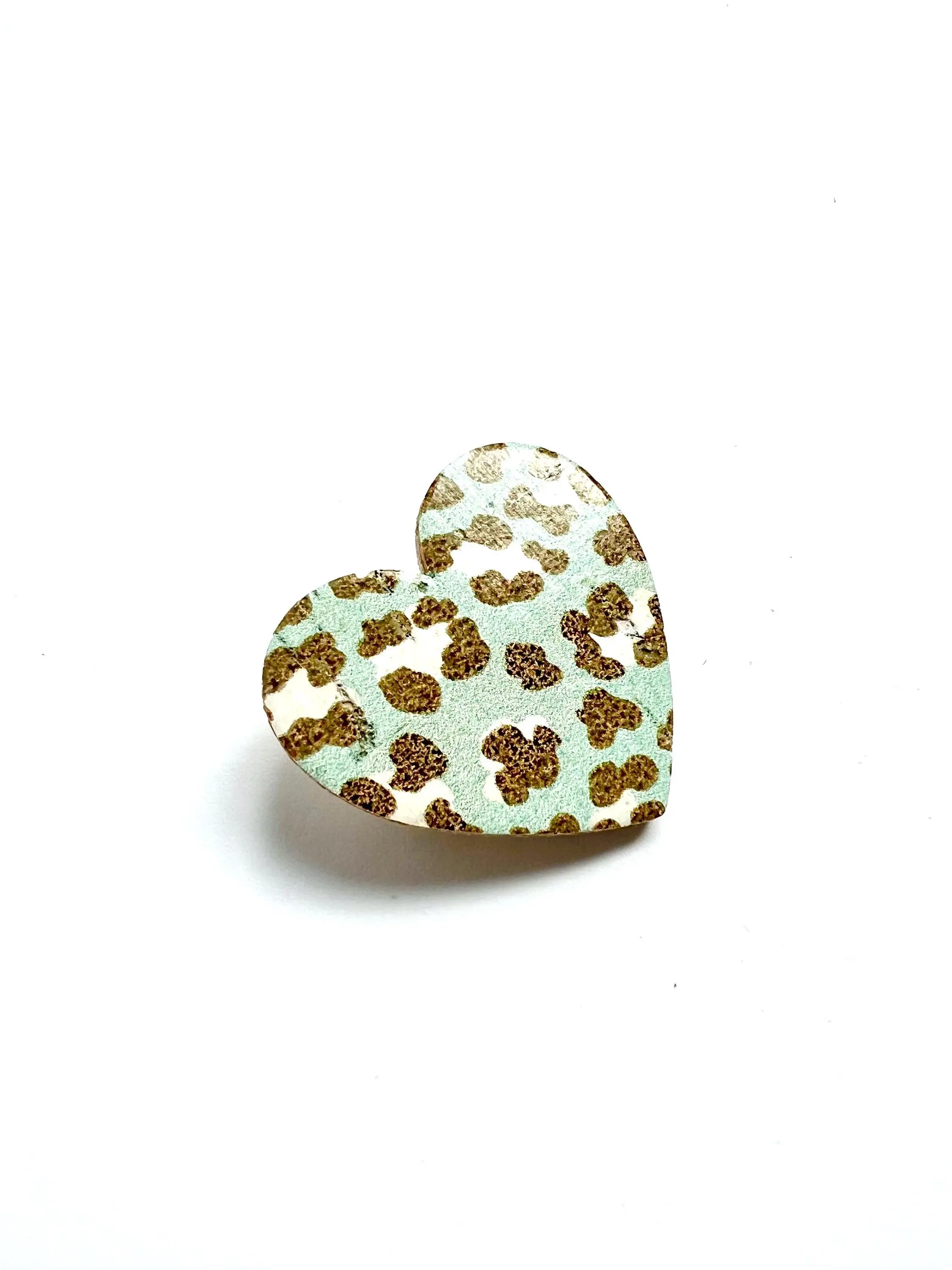 Mint leopard print cork and leather heart brooch