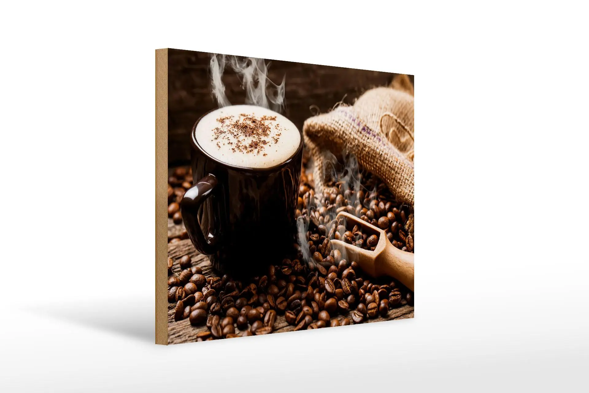 Wooden sign "Drinking" 30x40 cm, steaming coffee and coffee beans, decorative sign