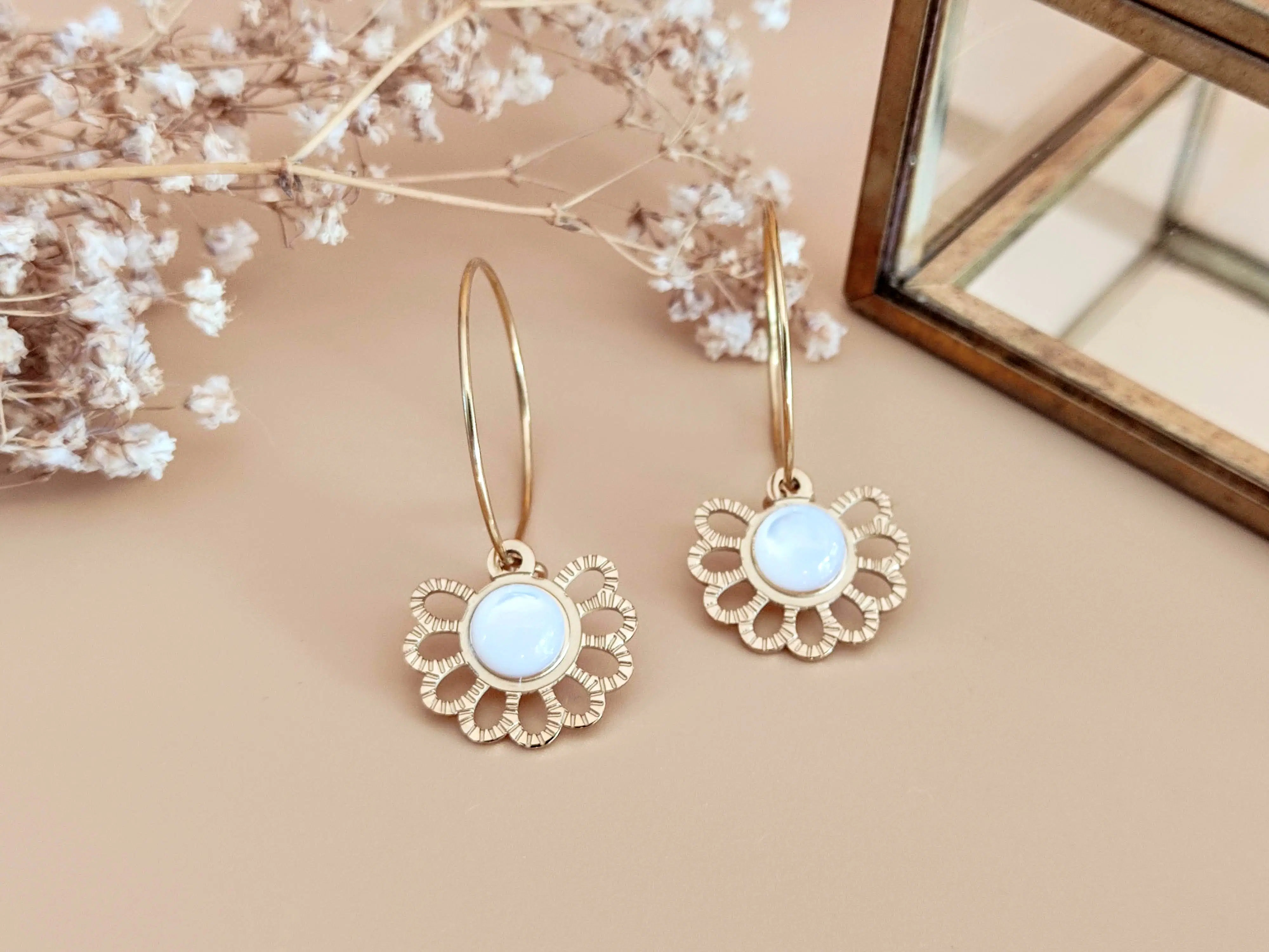 Flower hoop earrings: La Poétique – White Mother-of-Pearl & Stainless Steel
