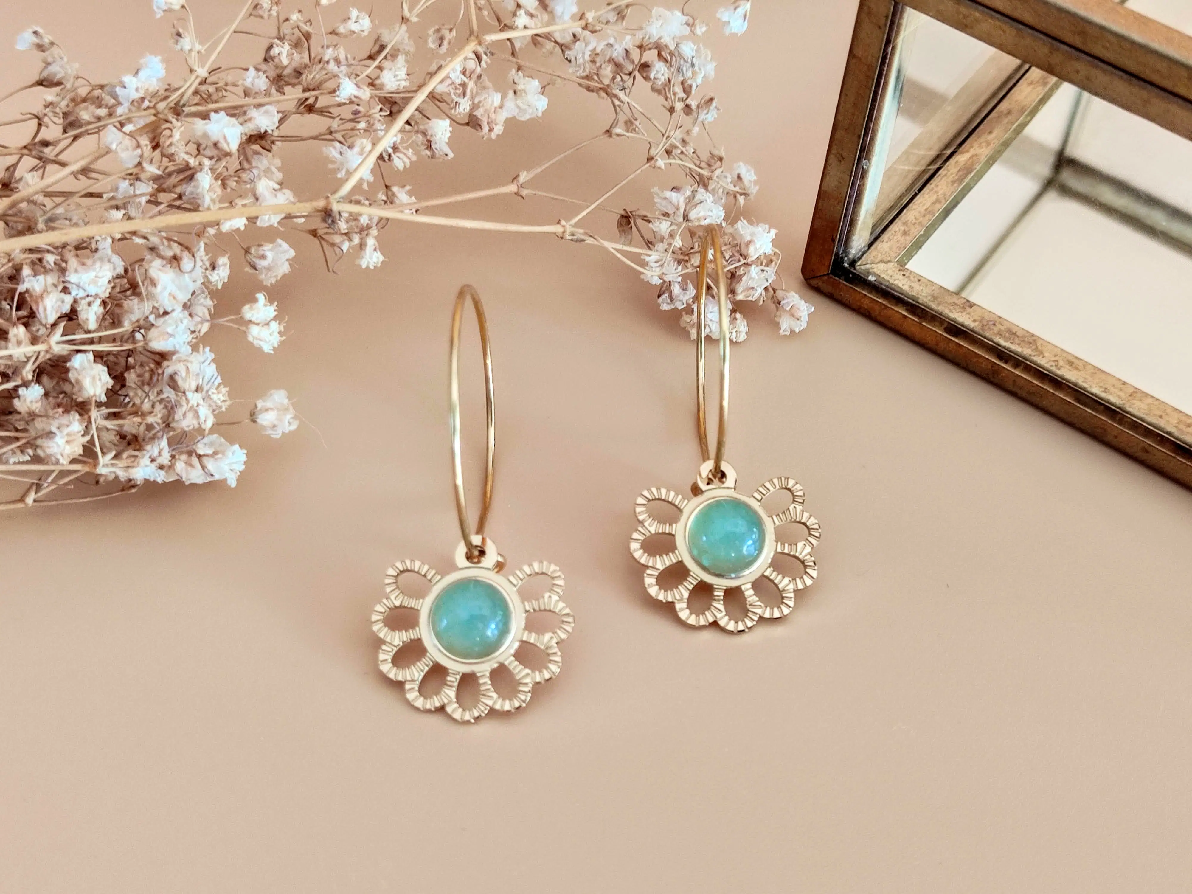 Flower hoop earrings: The Poetic – Aventurine & Stainless Steel
