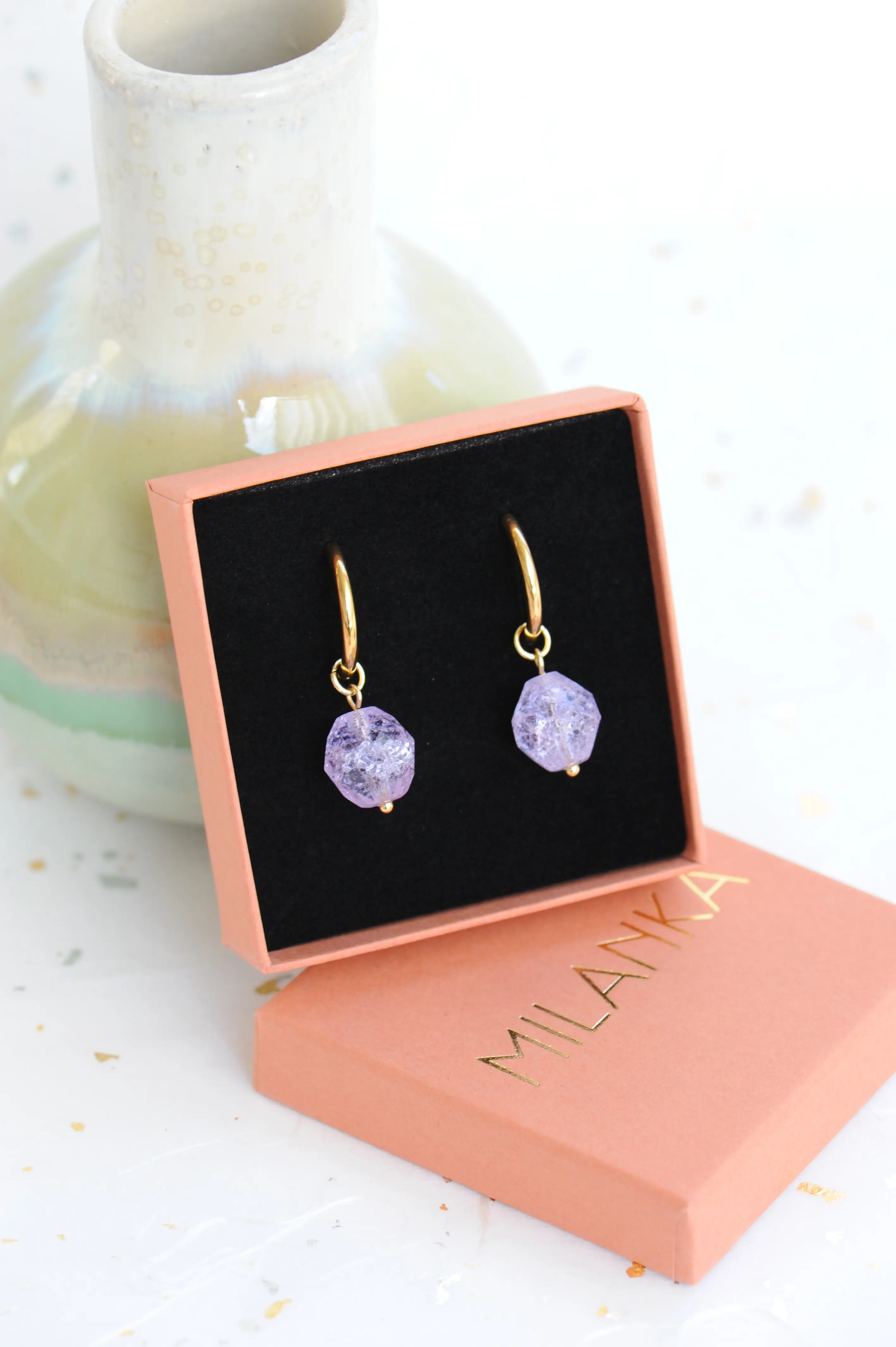 Boho 11: Lavender glass bead huggie hoop earrings