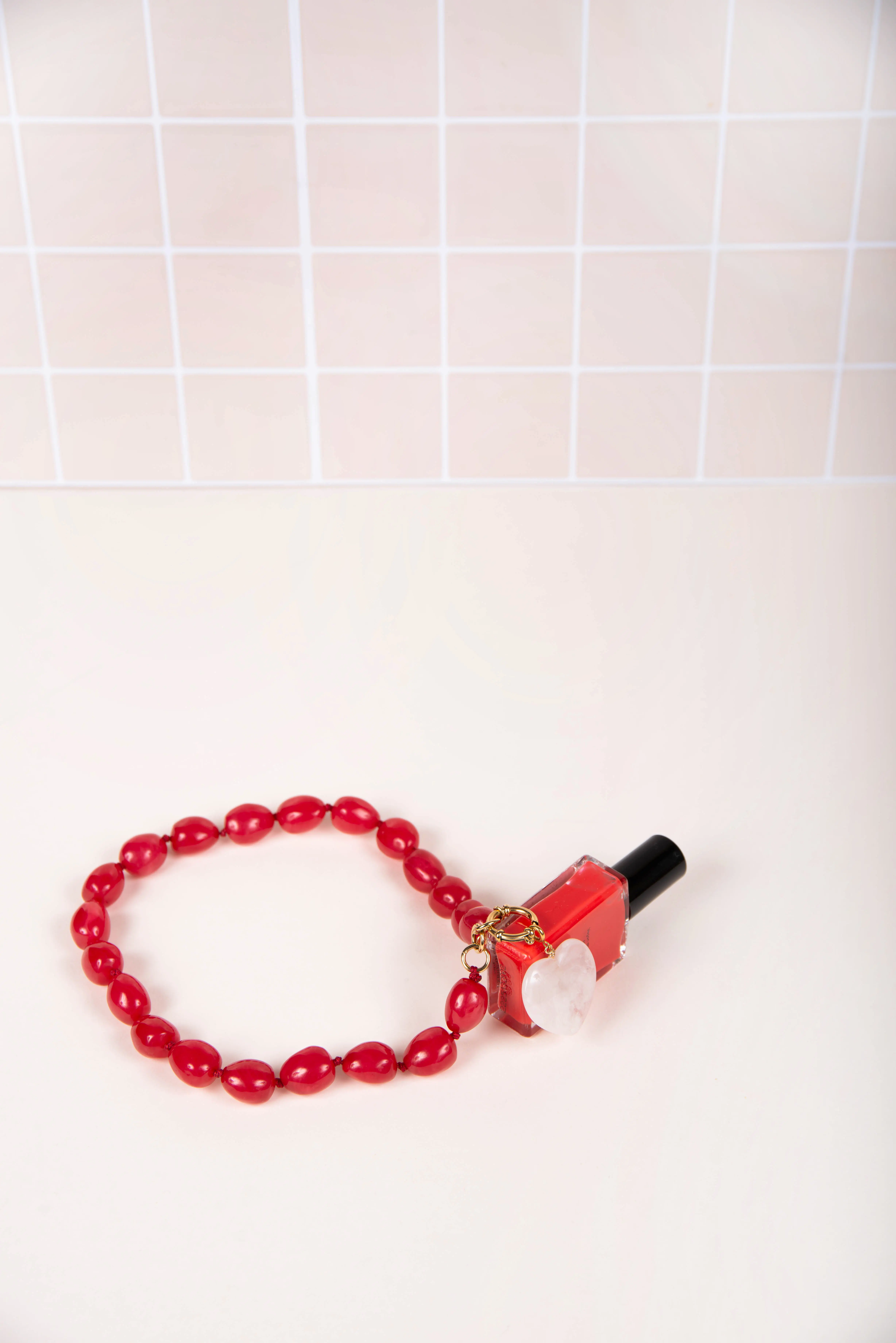 Pink resin necklace - with heart charms