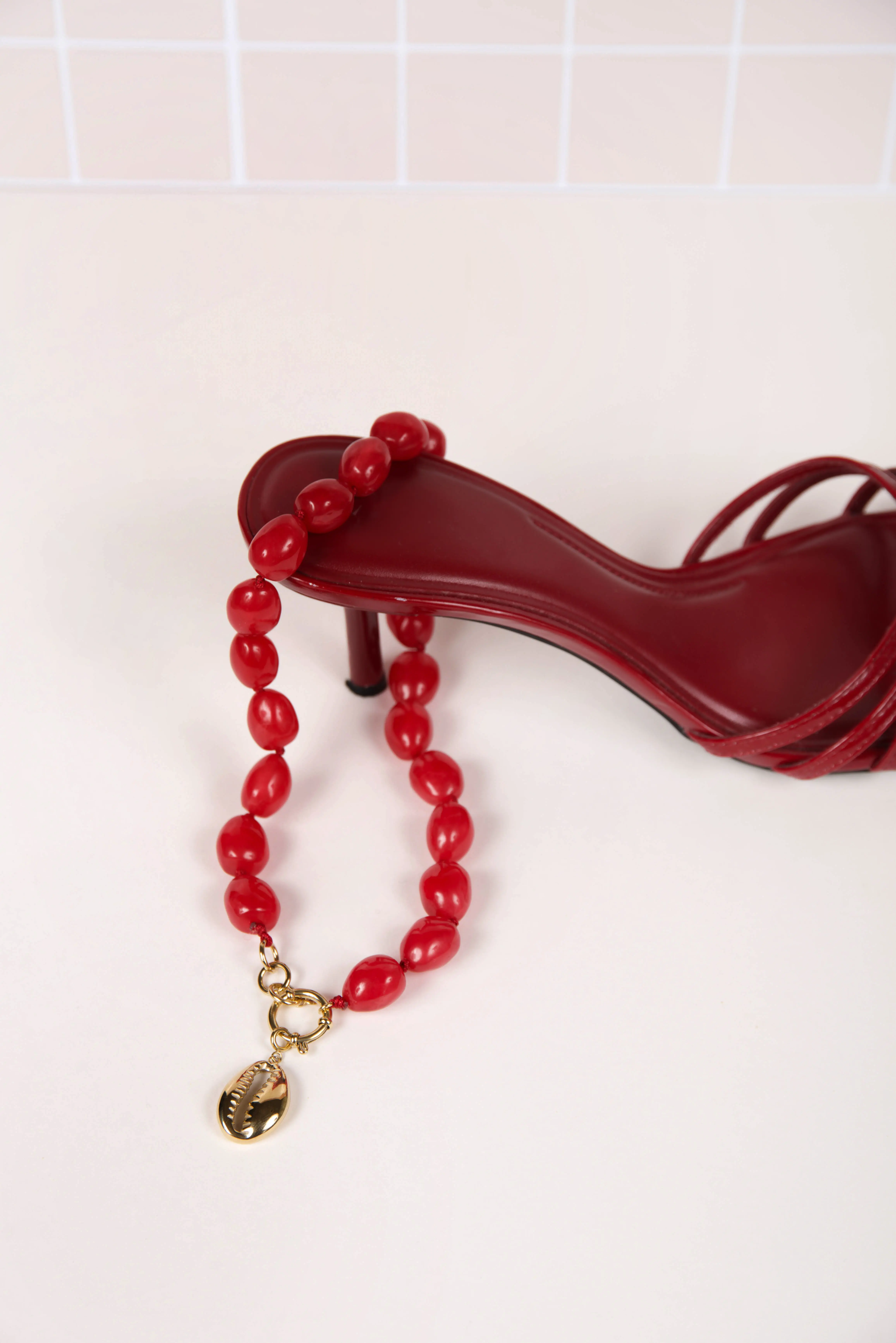 Pink resin necklace - with seashell charms
