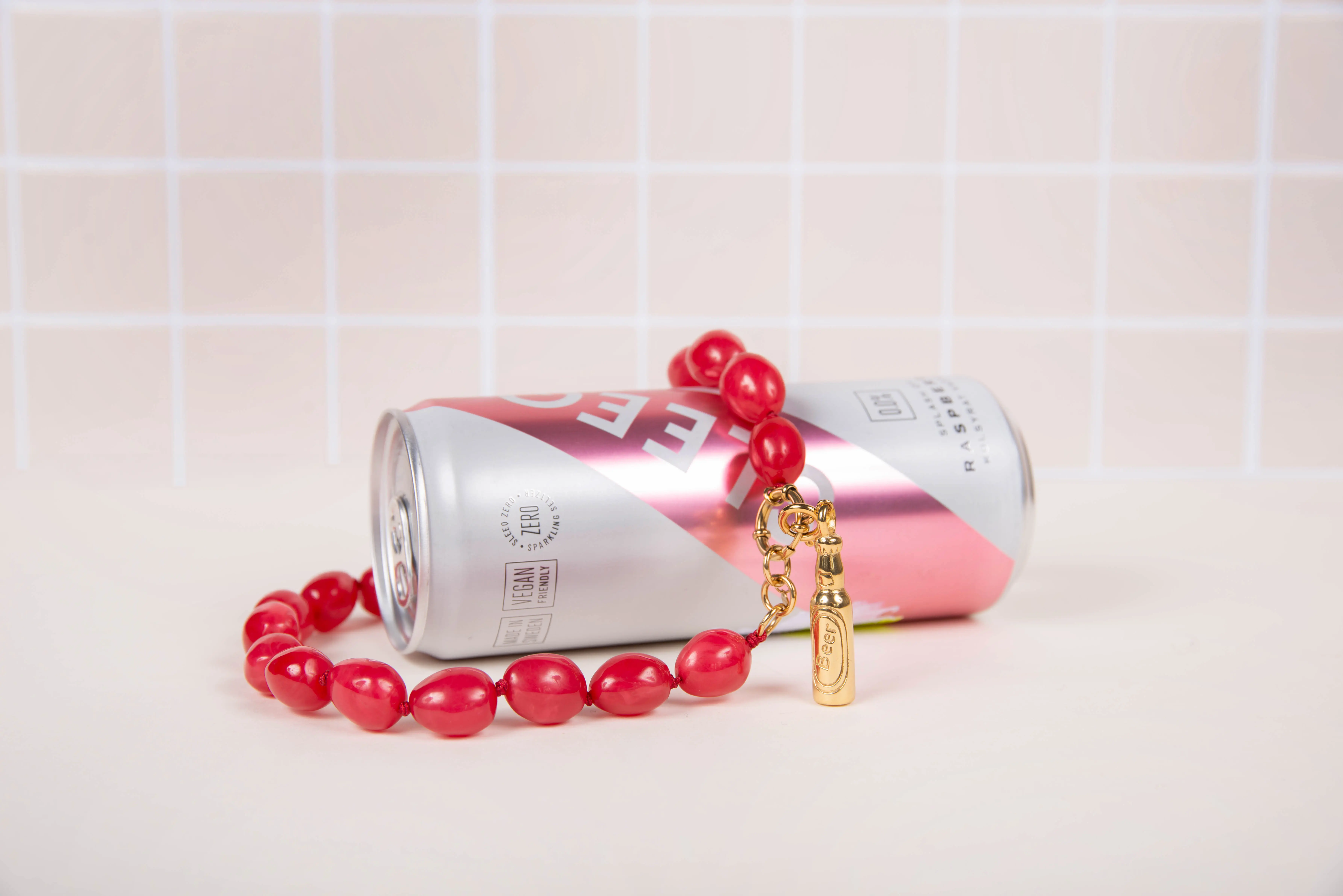 Pink resin necklace - with beer charms